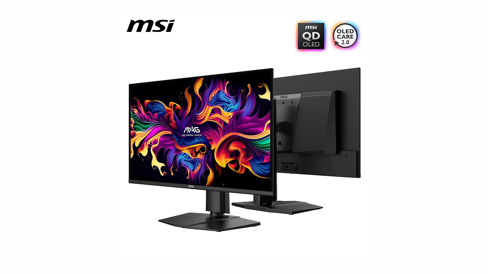 Front and rear views of the MSI MAG 274QP QD-OLED X24 on its stand