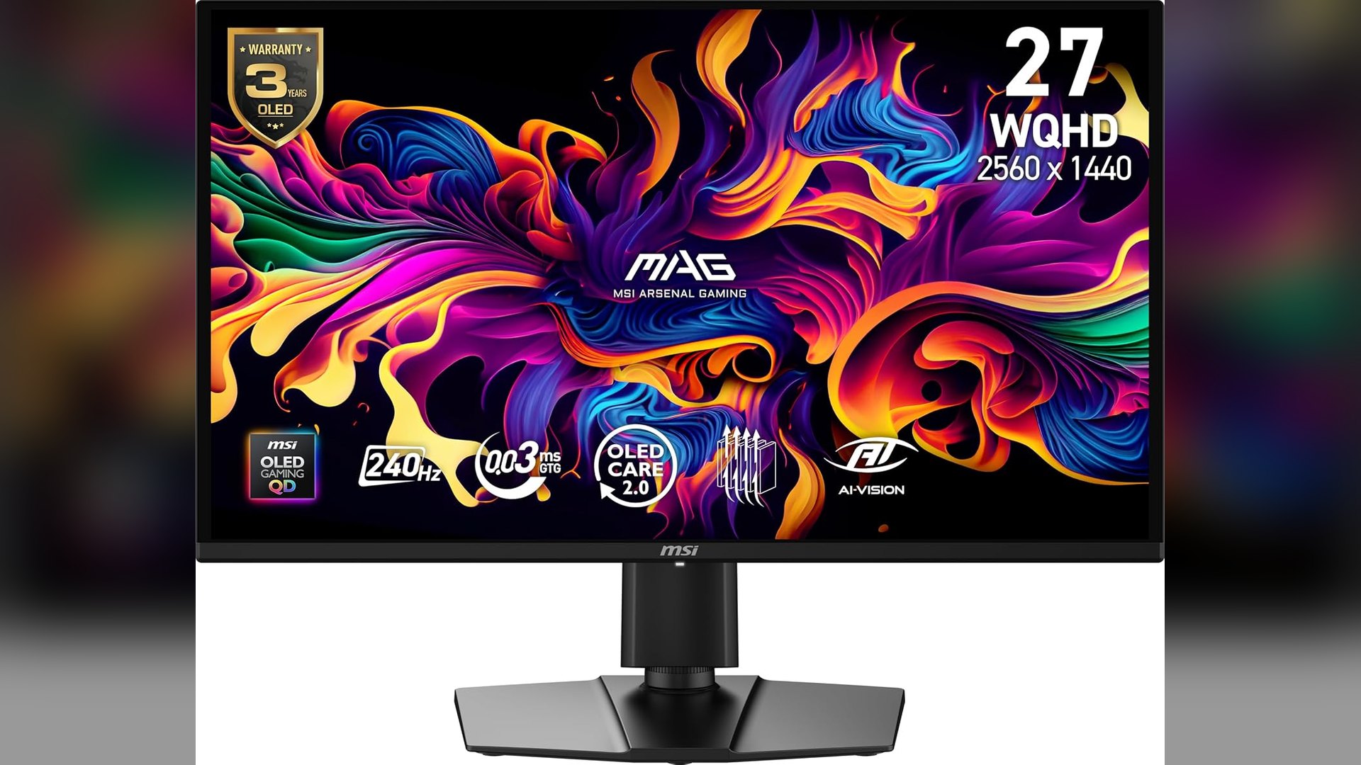 MSI MAG 274QP QD-OLED X24 gaming monitor seen straight on with a colourful abstract wallpaper on screen