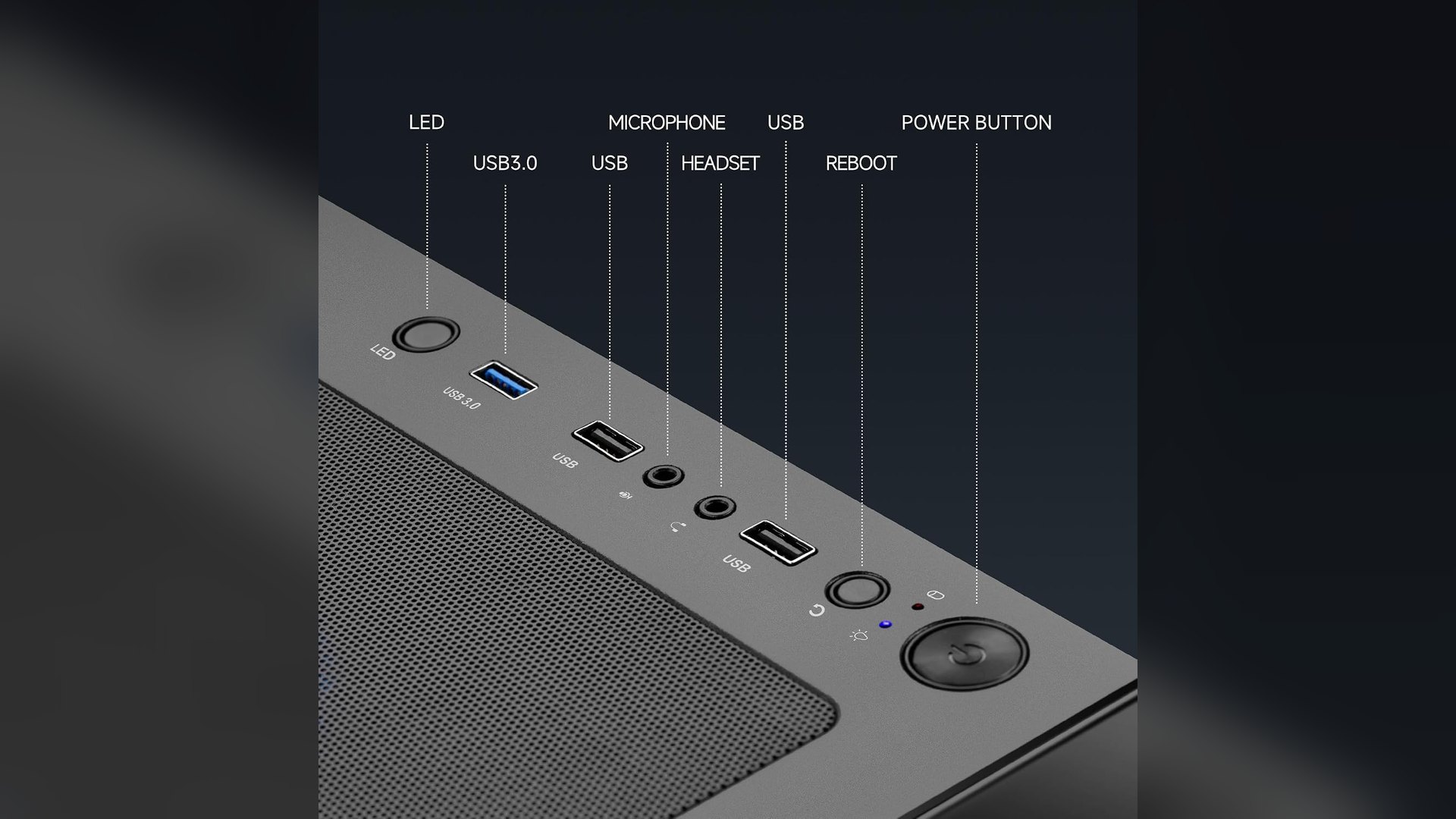 Labeled front I/O panel of the NINGMEI gaming PC