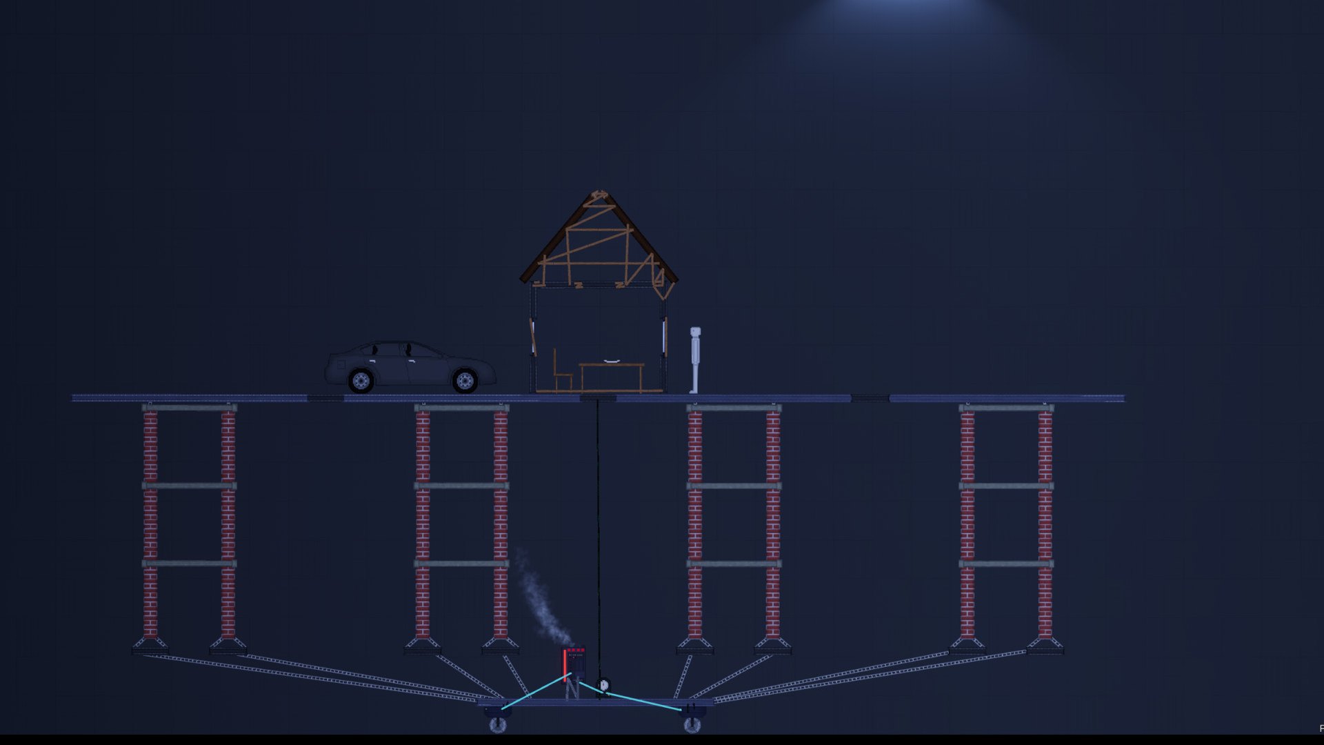 Wooden bridge and tower contraption spanning a gap with a small car beside it
