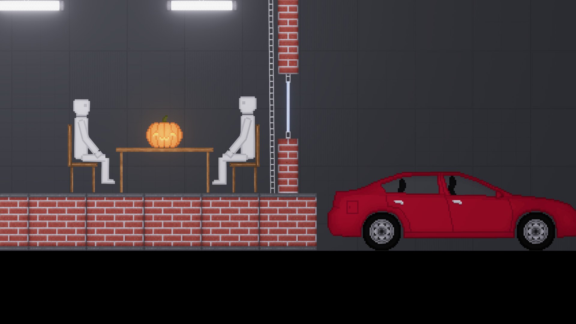 Ragdoll figures seated at a table beside a parked car in a sandbox scene
