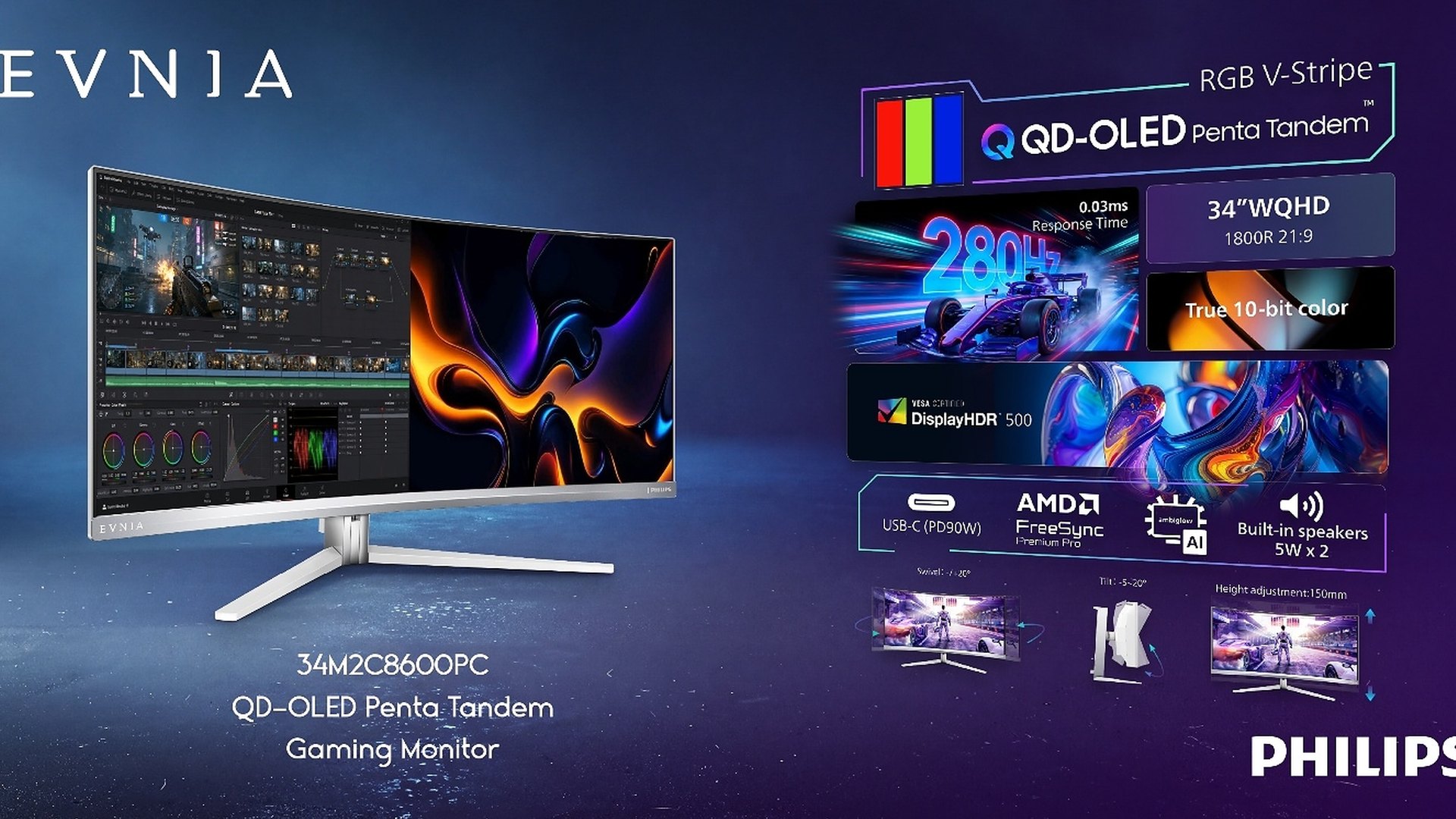 Spec sheet graphic listing QD-OLED Penta Tandem, 280Hz and 90W USB-C