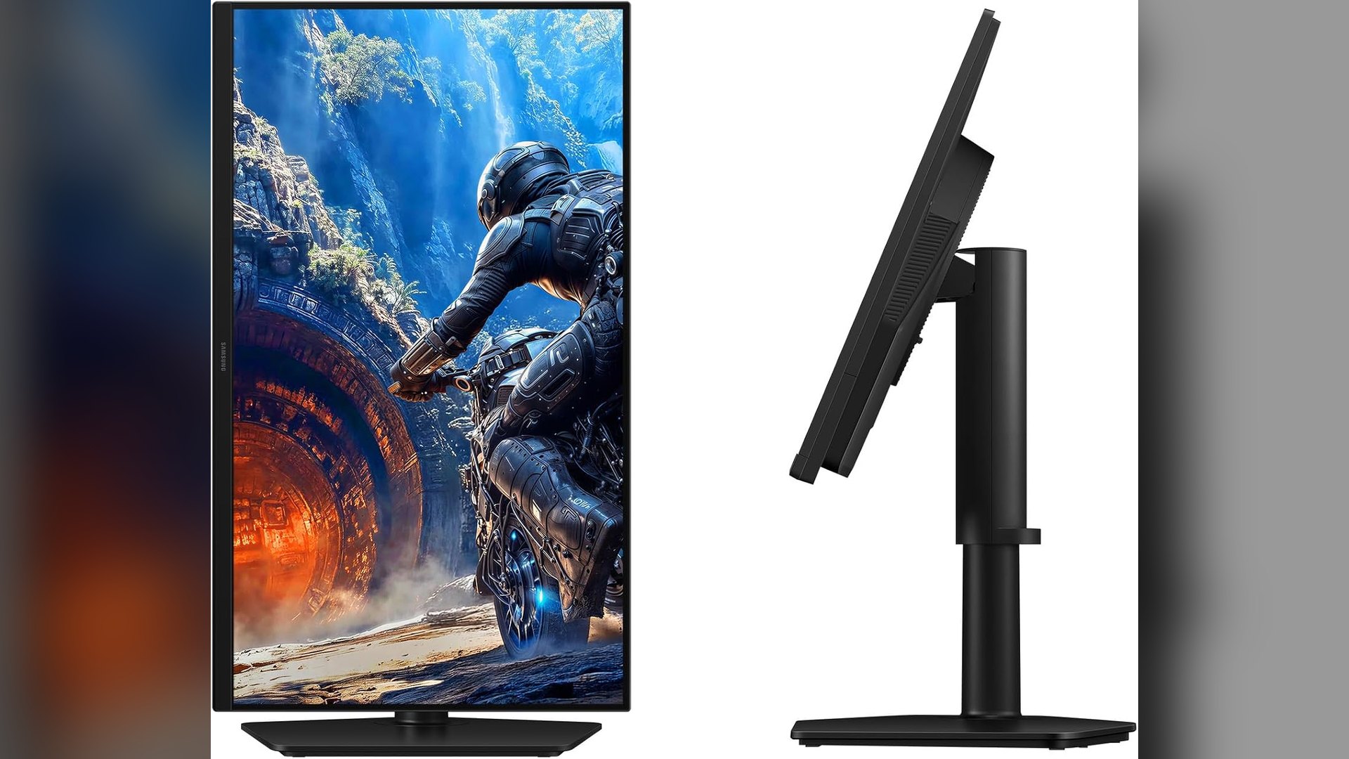 Samsung Odyssey G4 G40H shown front-on and in side profile on its adjustable stand
