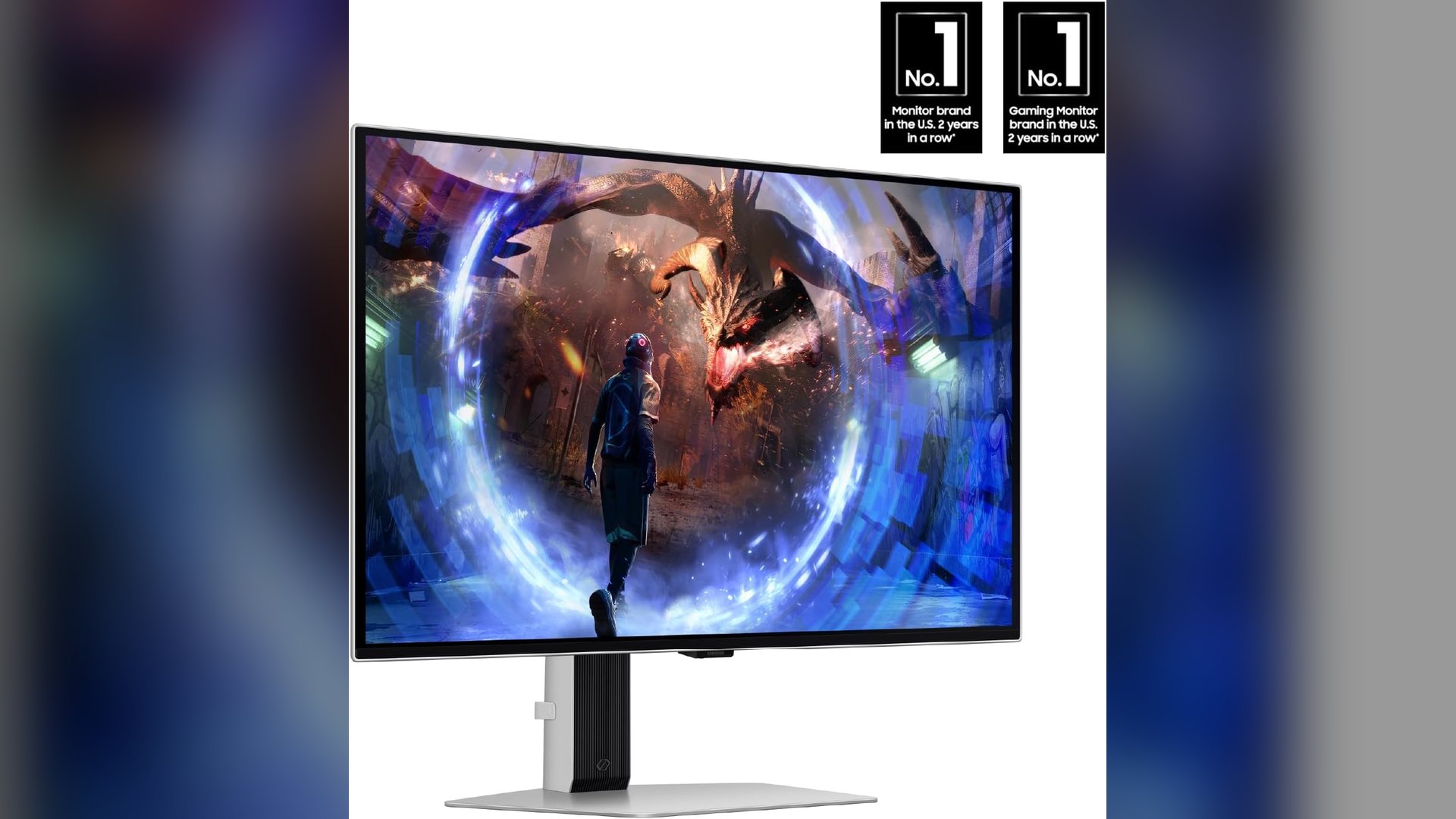 Angled view of the Samsung Odyssey OLED G6 on its stand