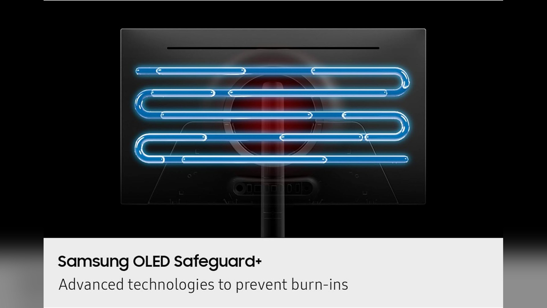 Cooling loop graphic behind the Samsung Odyssey QD-OLED G8 panel