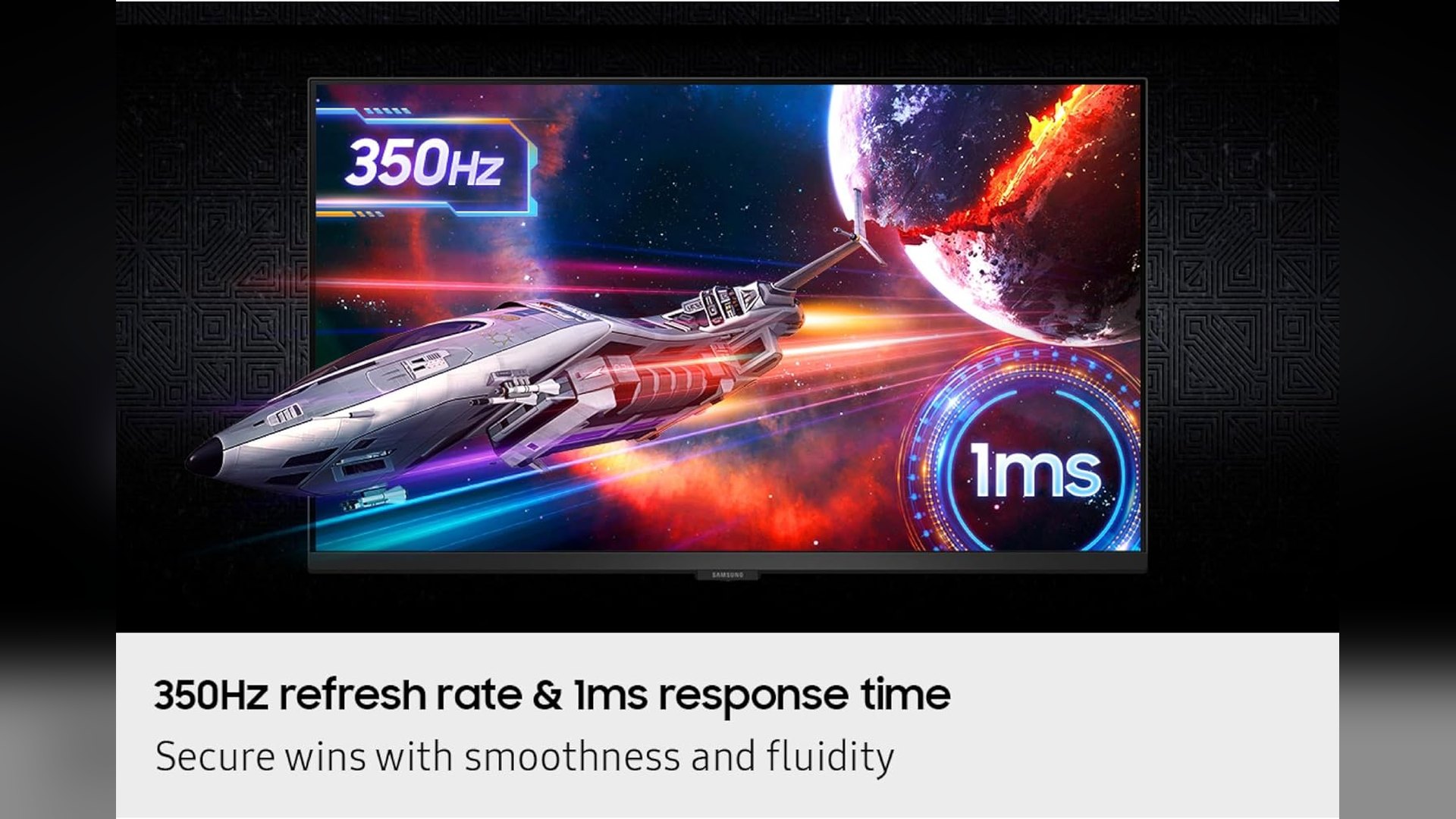 Samsung marketing graphic showing 350Hz and 1ms badges over a game scene