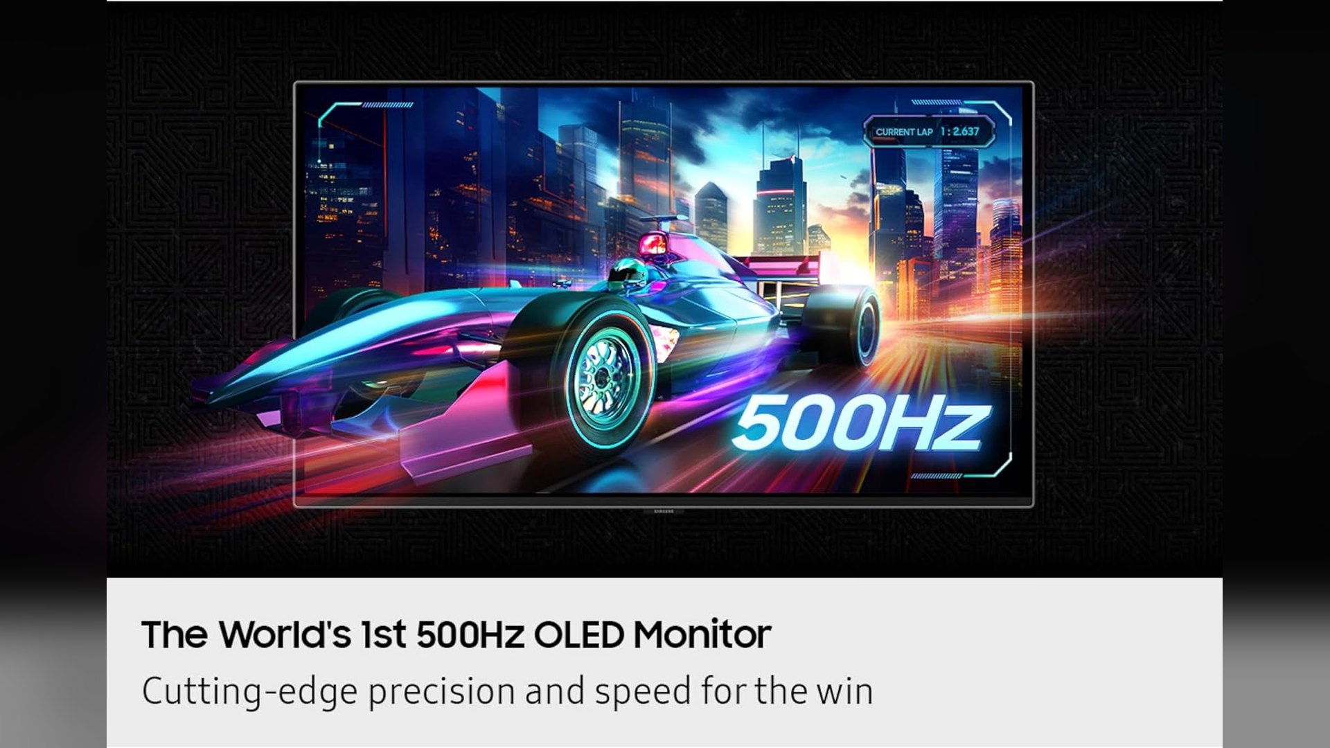 Promotional graphic of the G60SF showing a racing game with a large 500Hz overlay