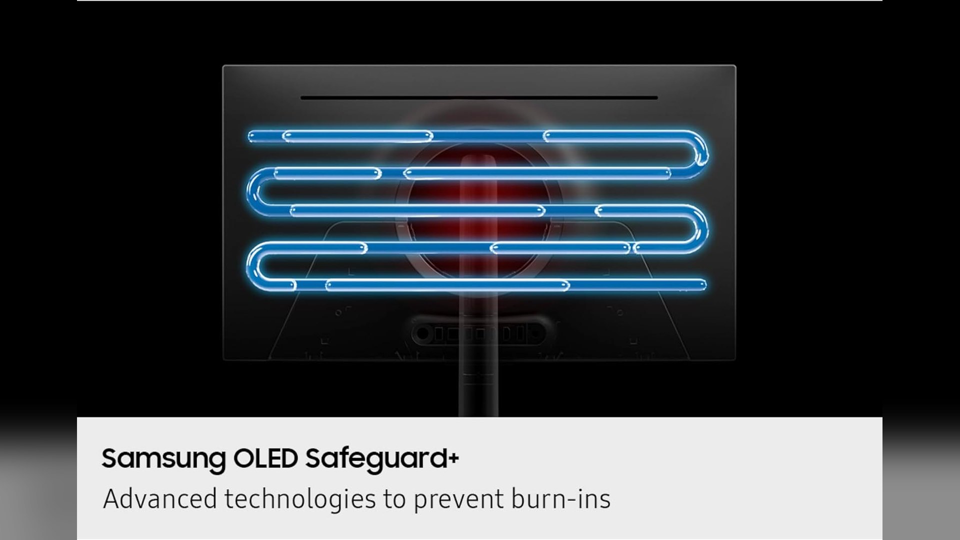Cutaway diagram of the monitor's rear showing a blue cooling loop spreading heat from a red hotspot