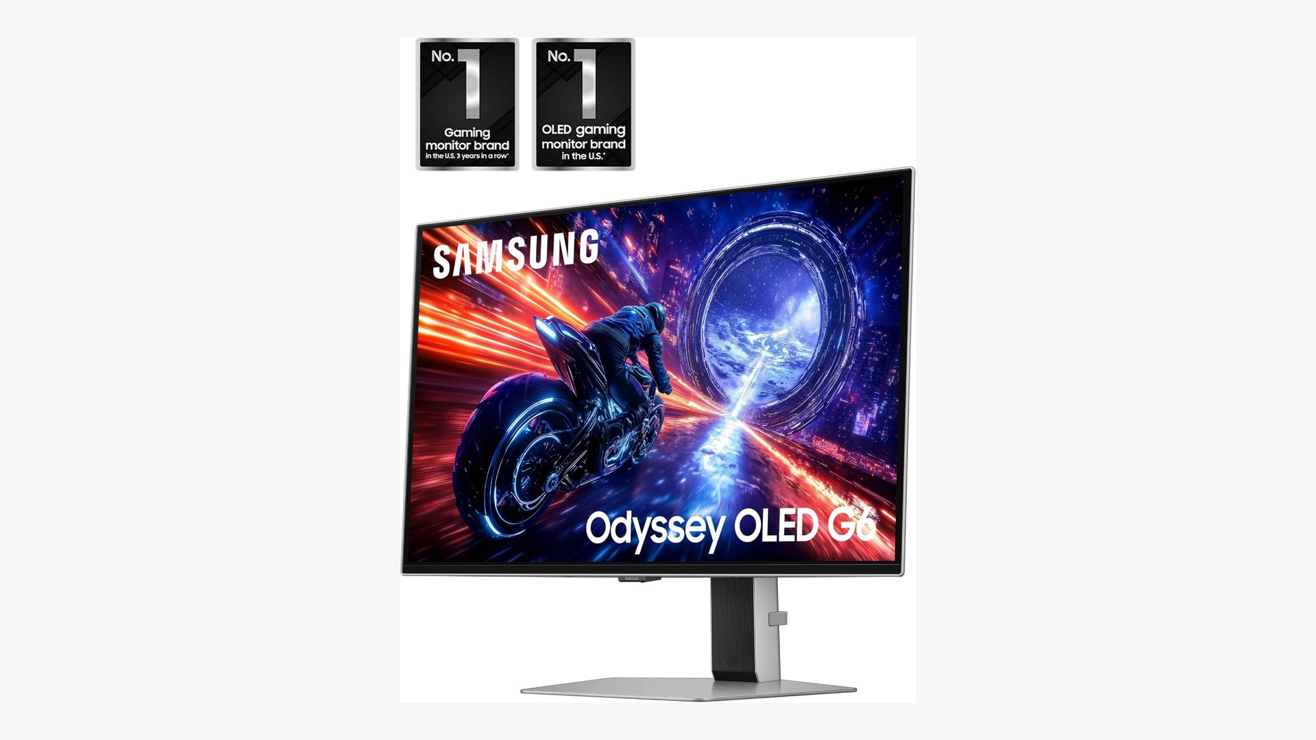 Samsung Odyssey OLED G6 G60SF monitor in silver, front view on its pedestal stand with a neon game scene on screen