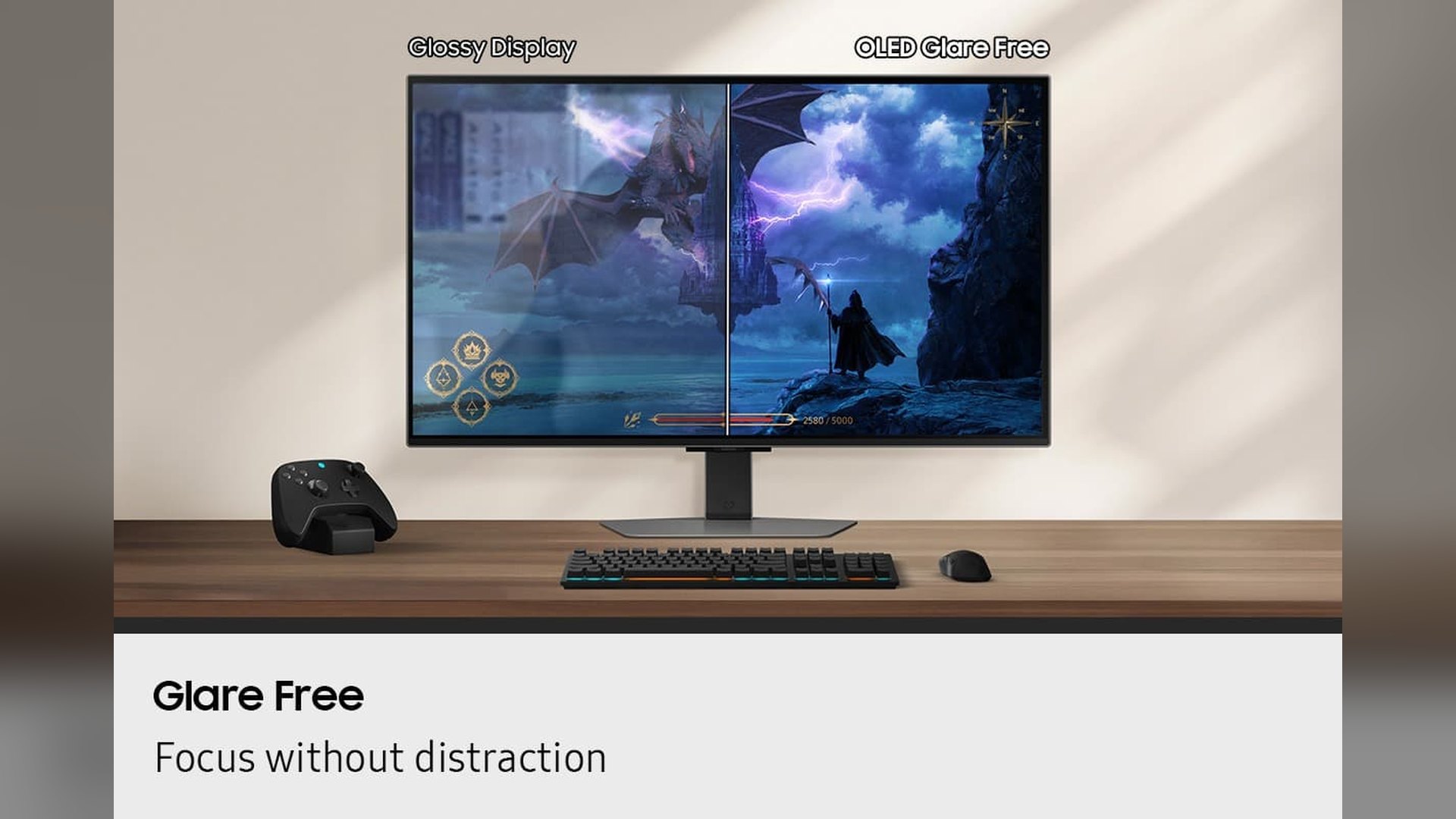 Two monitors side by side showing reflections on a glossy screen and none on the Glare Free screen