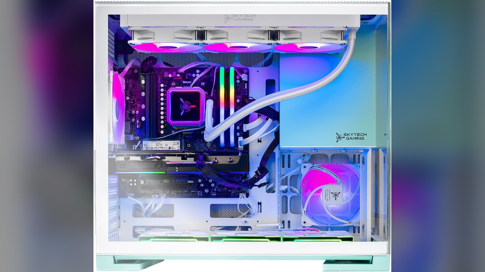 Inside view of the Skytech Aqua case with AIO radiator and RGB memory