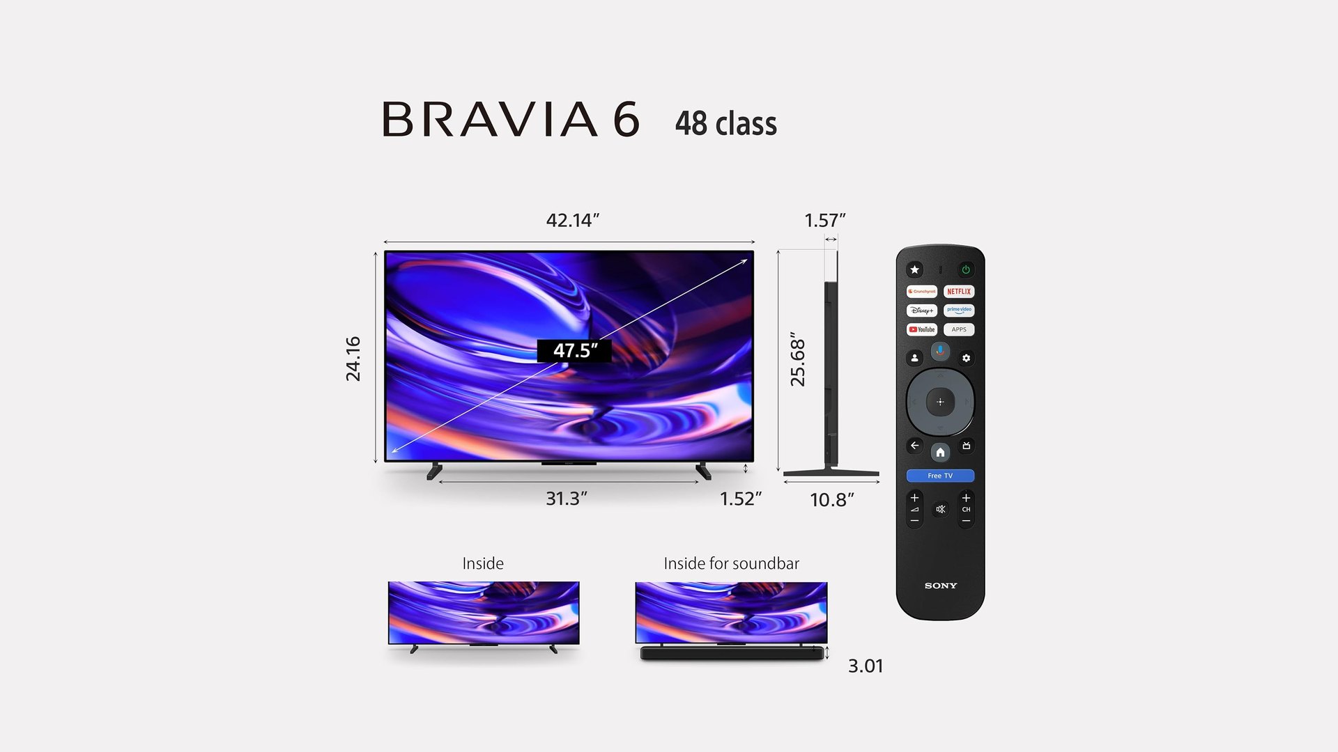 Dimension diagram for the Sony BRAVIA 6 48-class OLED TV with the bundled remote
