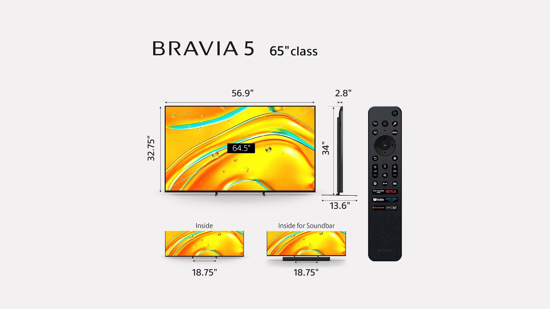 Dimensions diagram for the Sony BRAVIA 5 65-inch TV with stand measurements and the remote
