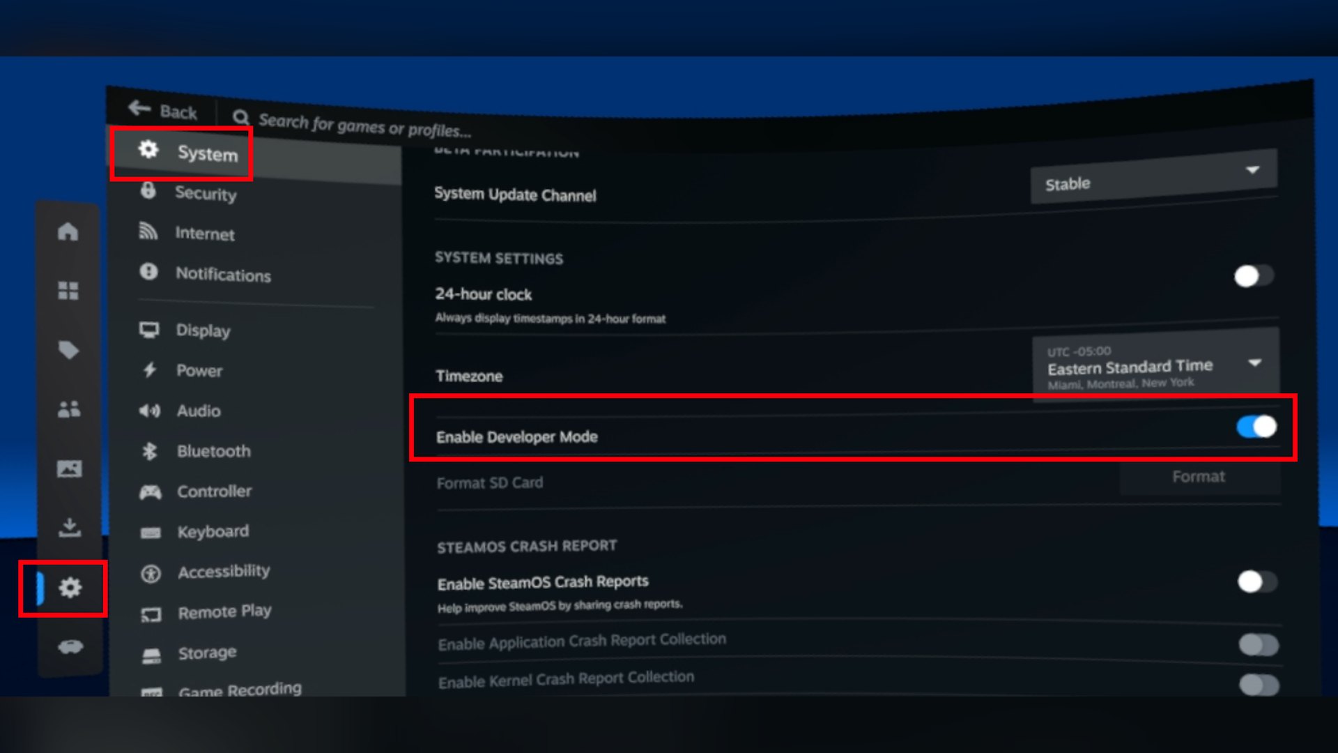 Enable Developer Mode toggle in Steam Frame System settings