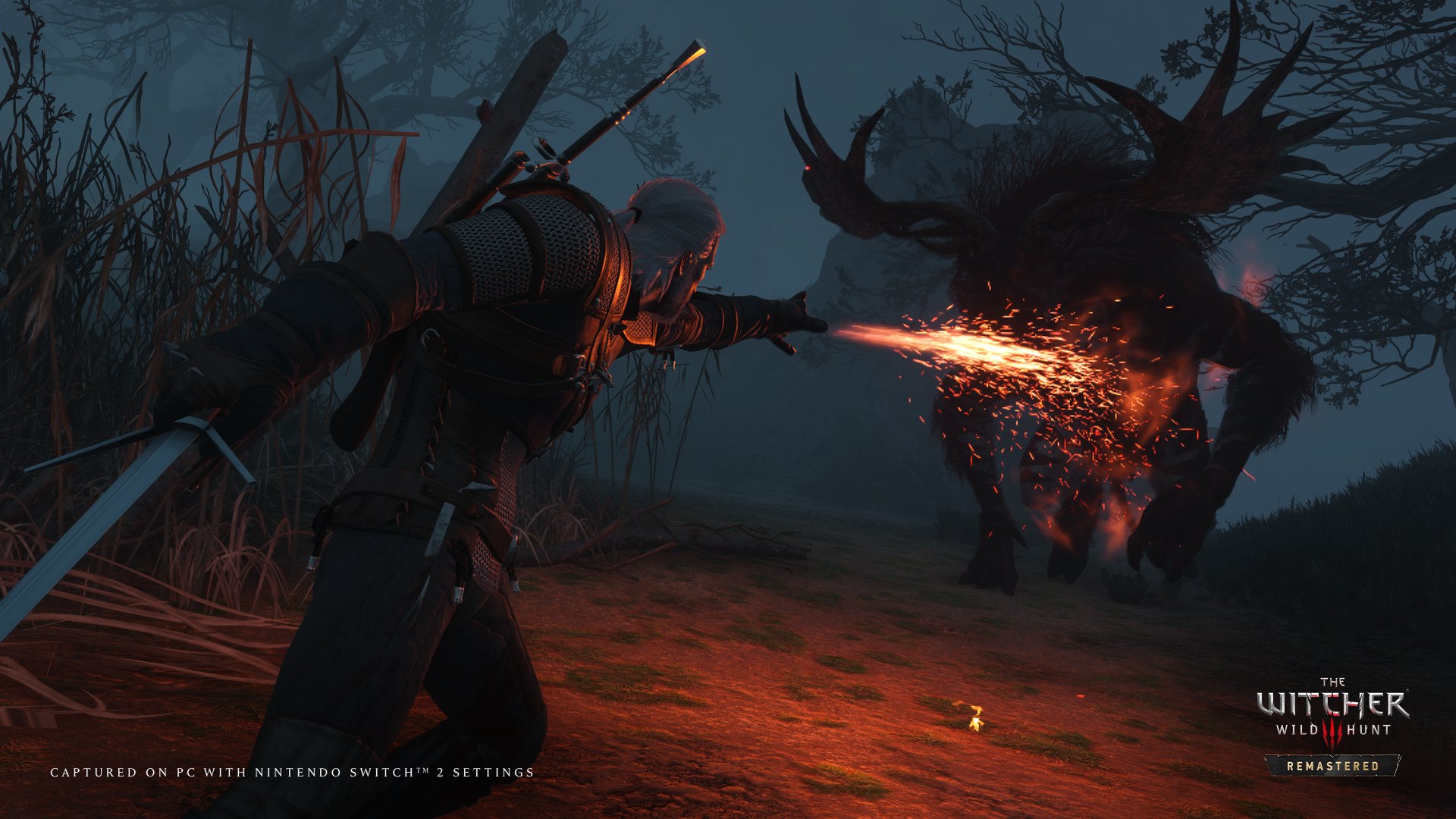 Geralt casting the Igni sign at a monster in The Witcher 3 Remastered