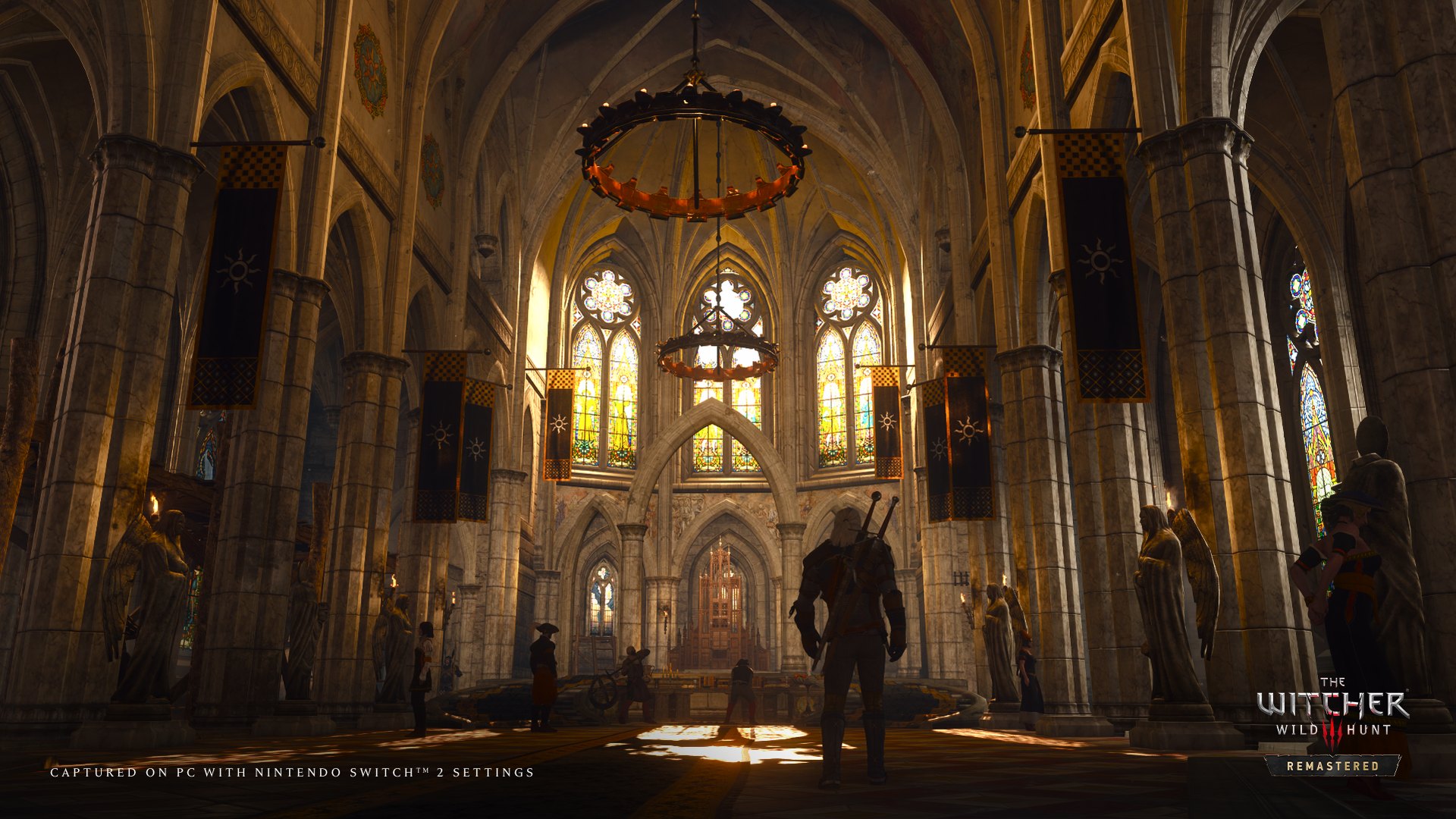 Geralt standing inside a cathedral in The Witcher 3 Remastered