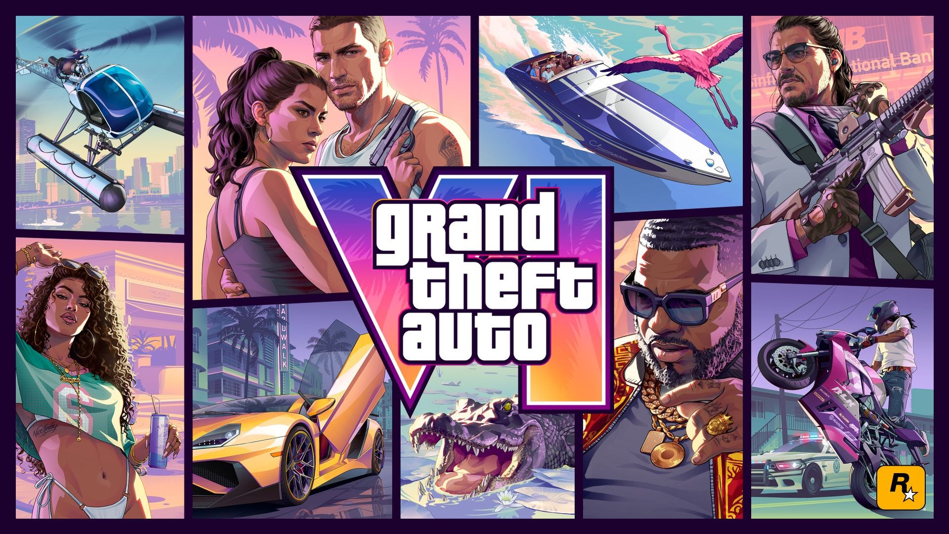 Grand Theft Auto VI cover art collage with the Rockstar Games logo