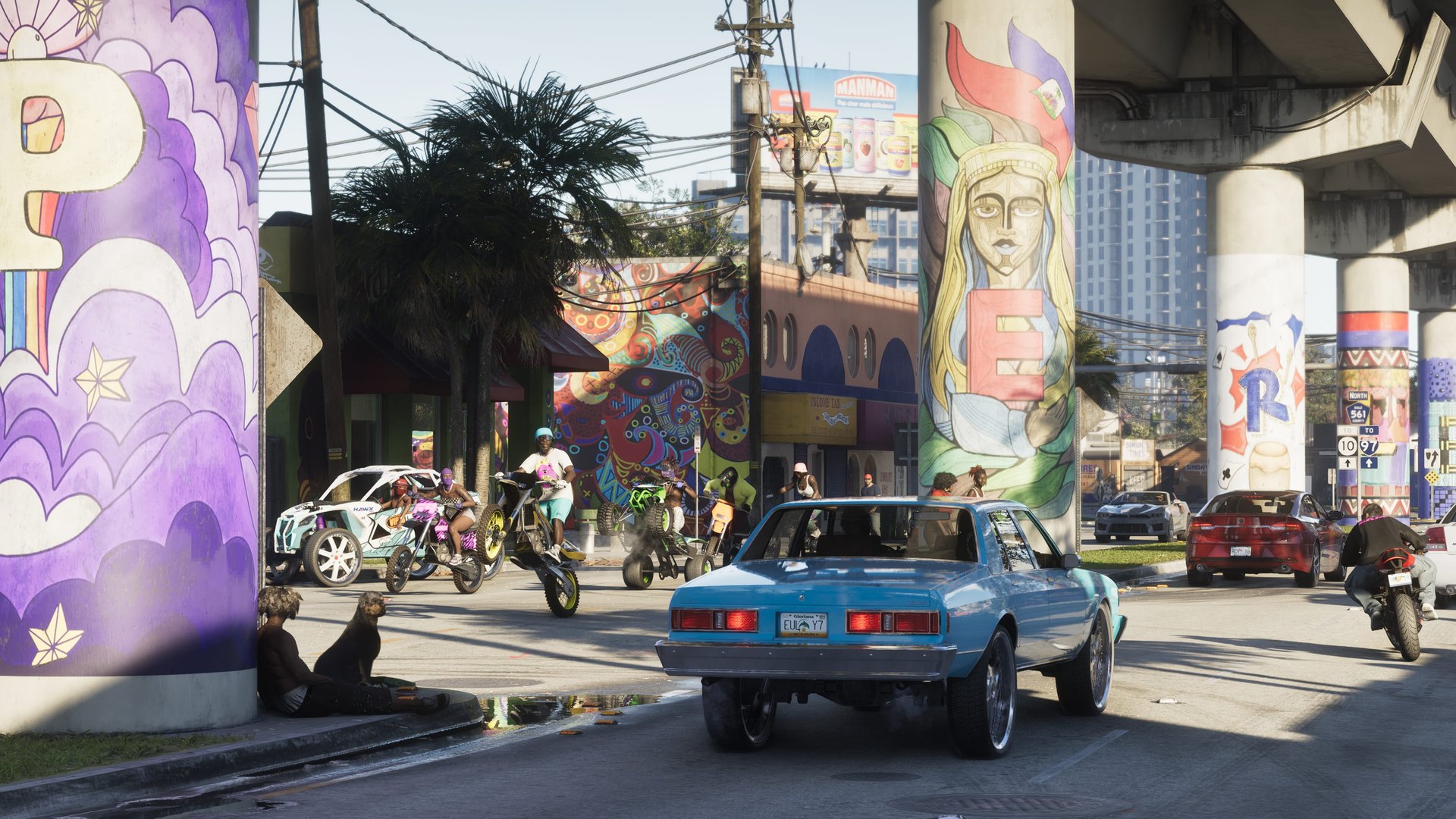 In-game screenshot of a Vice City street scene in Grand Theft Auto VI
