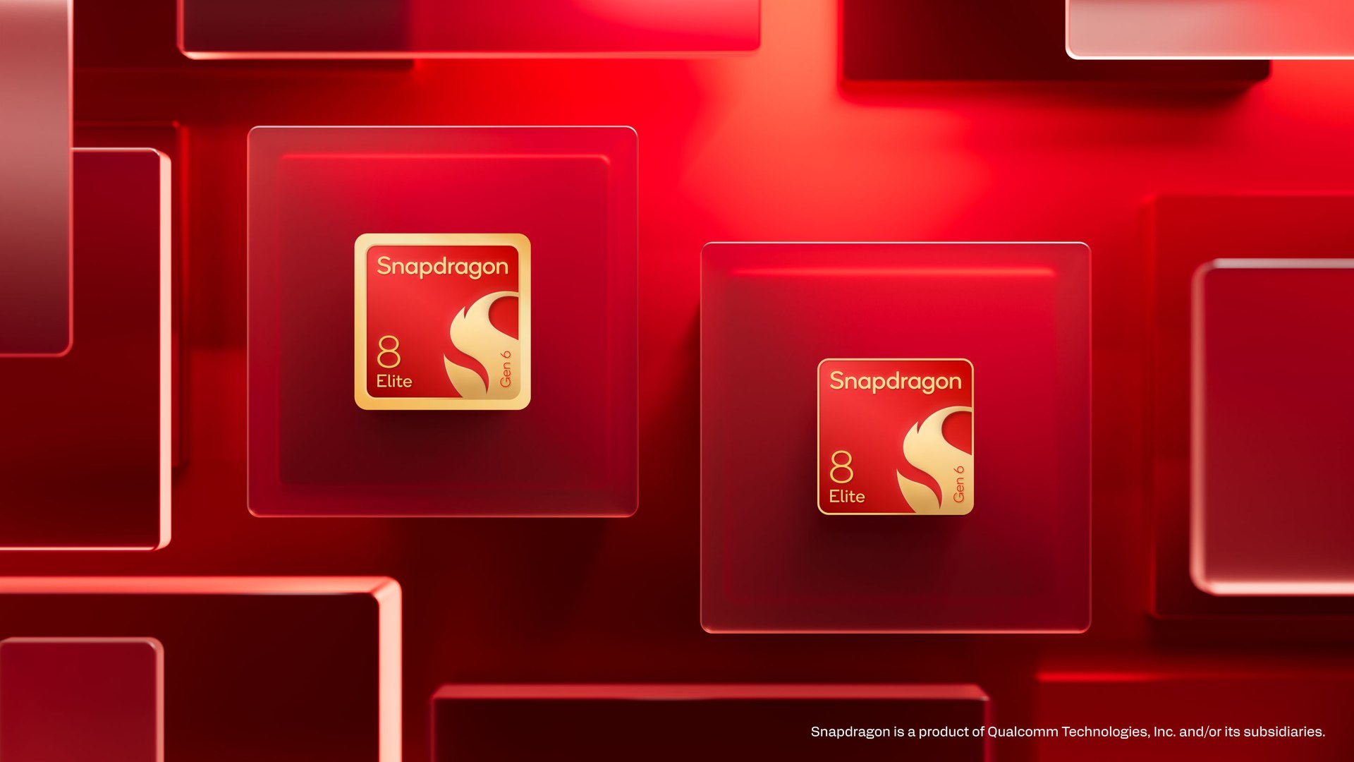 Two gold and red Snapdragon 8 Elite Gen 6 chip badges on a dark background