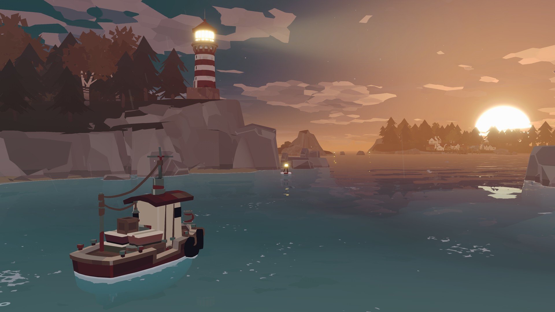 A small fishing boat sailing past a lighthouse at sunset in DREDGE