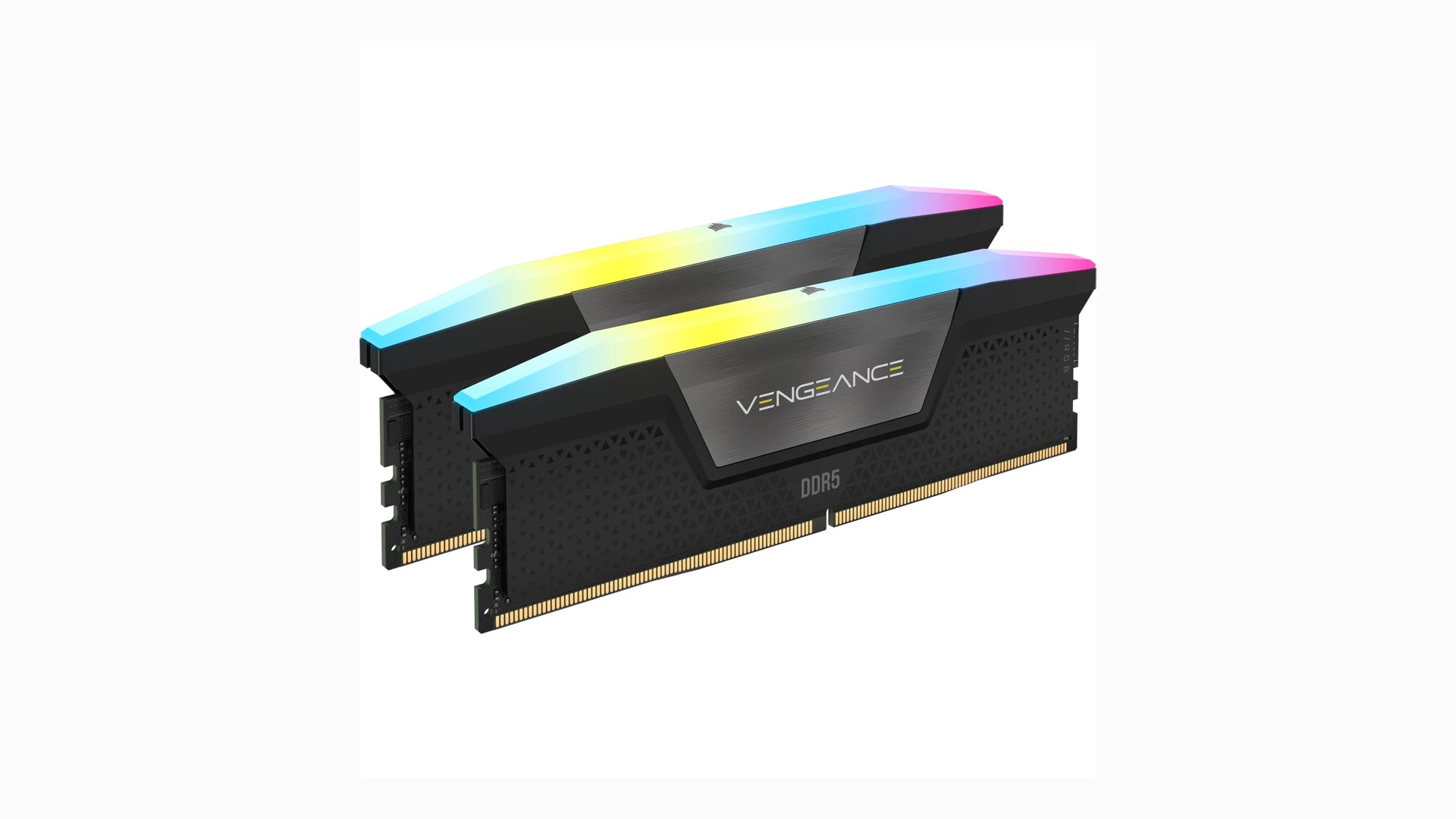 Two black Corsair Vengeance RGB DDR5 memory modules with lit RGB top bars