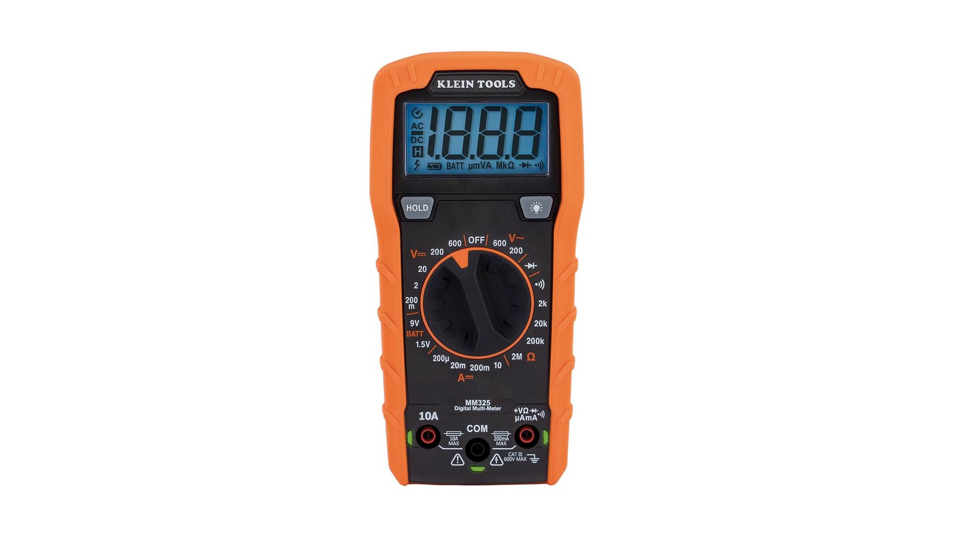 Orange and black Klein Tools MM325 digital multimeter with a rotary dial