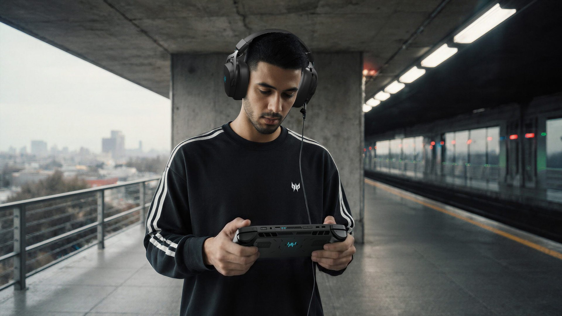 Person holding the Acer Predator Atlas 7 handheld on a station platform
