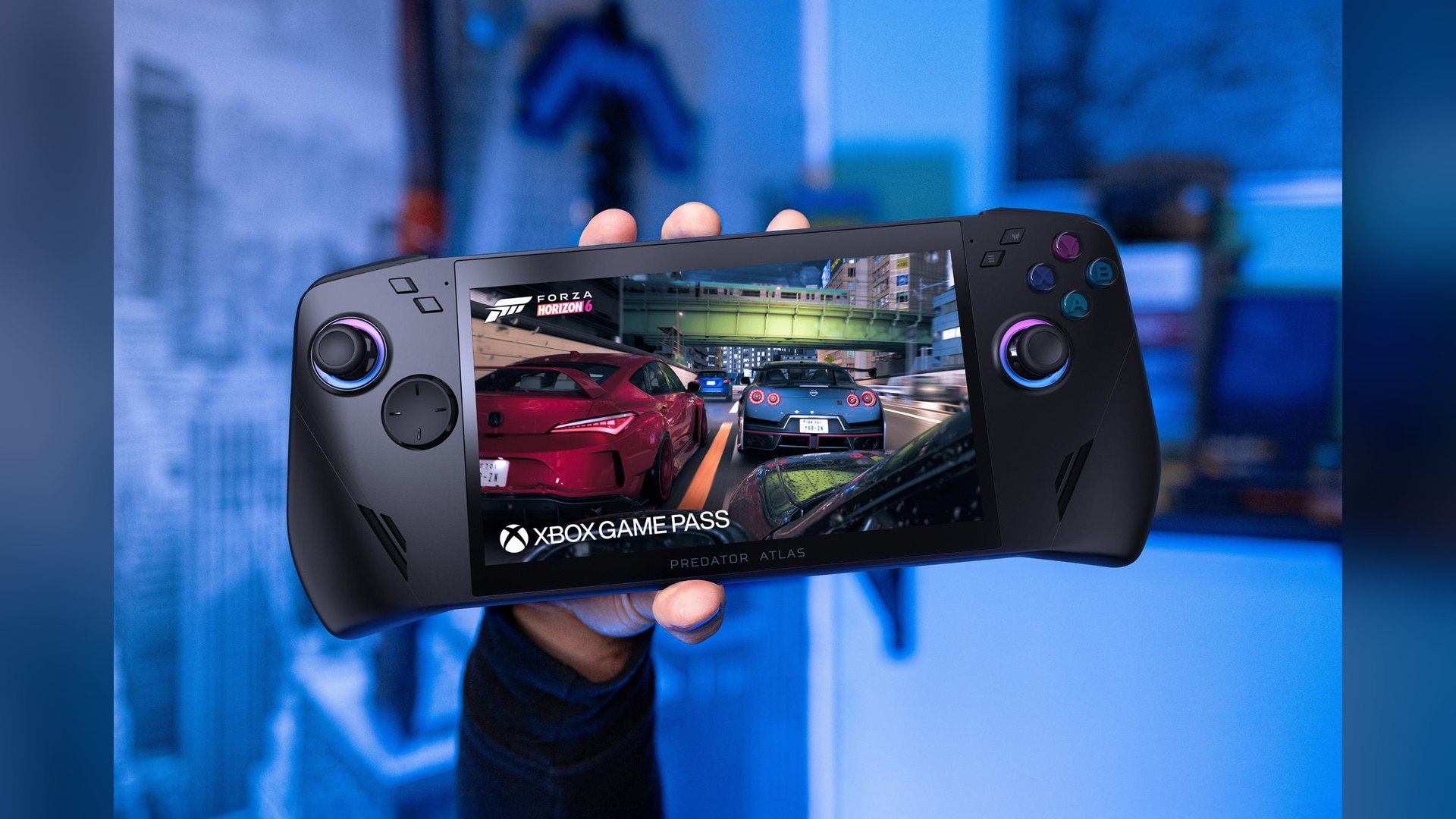 Acer Predator Atlas 7 held in one hand running a racing game