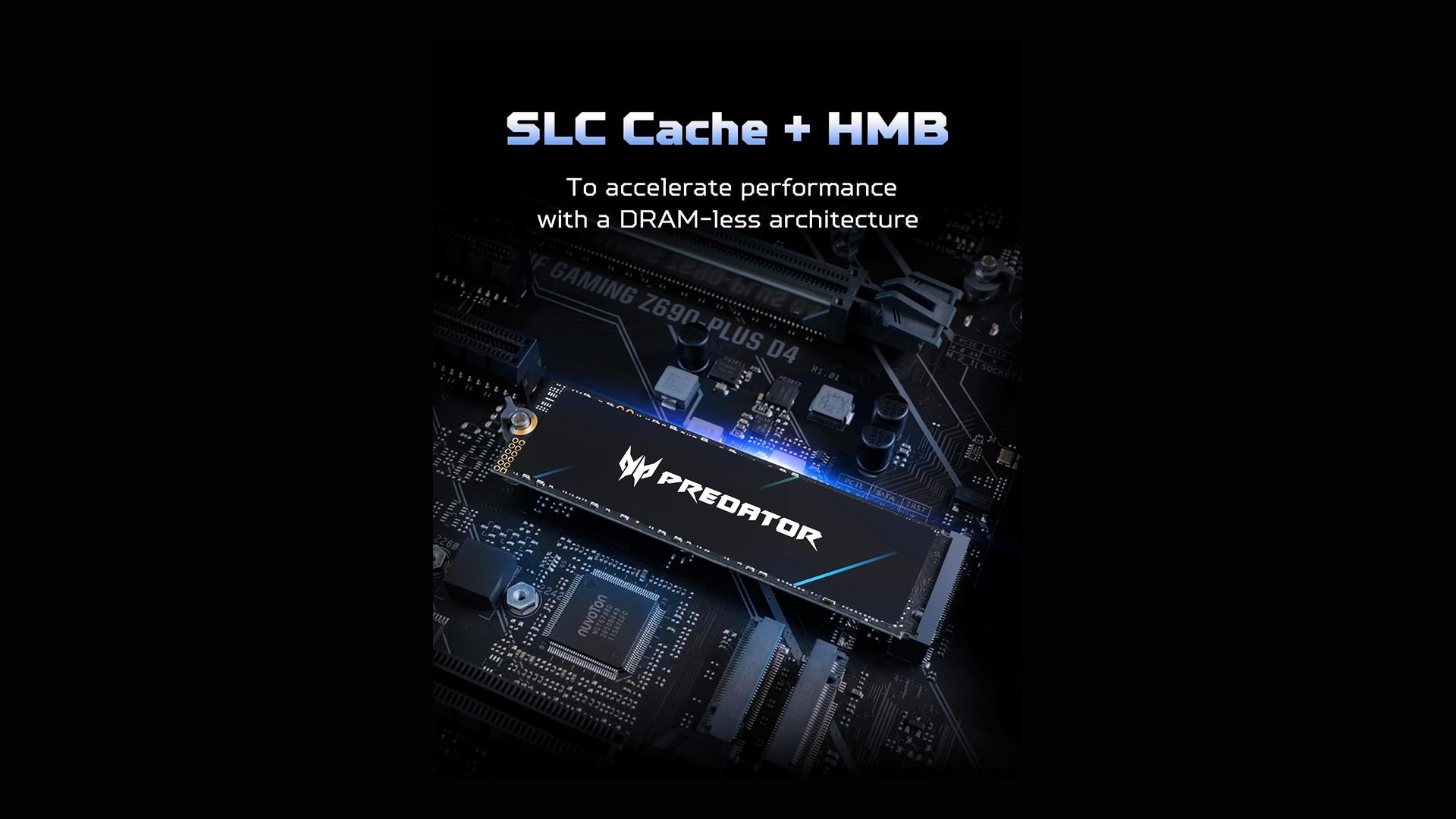 Marketing graphic headed SLC Cache plus HMB showing the drive on a motherboard