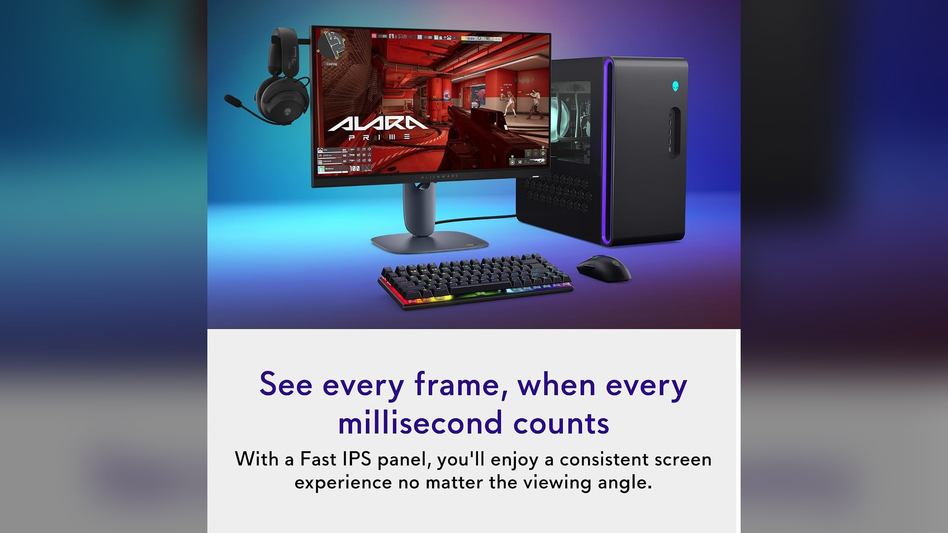 Alienware monitor on a desk beside a gaming tower, keyboard, mouse and headset