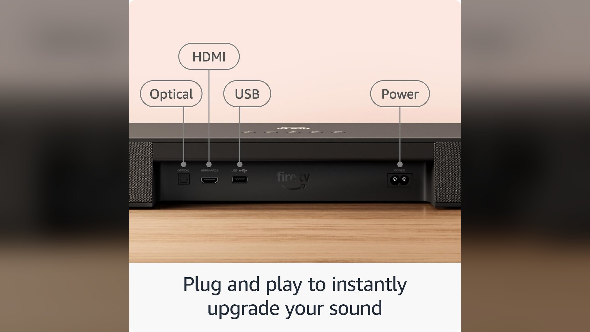 Rear connector panel of the soundbar labelled Optical, HDMI eARC, USB and Power