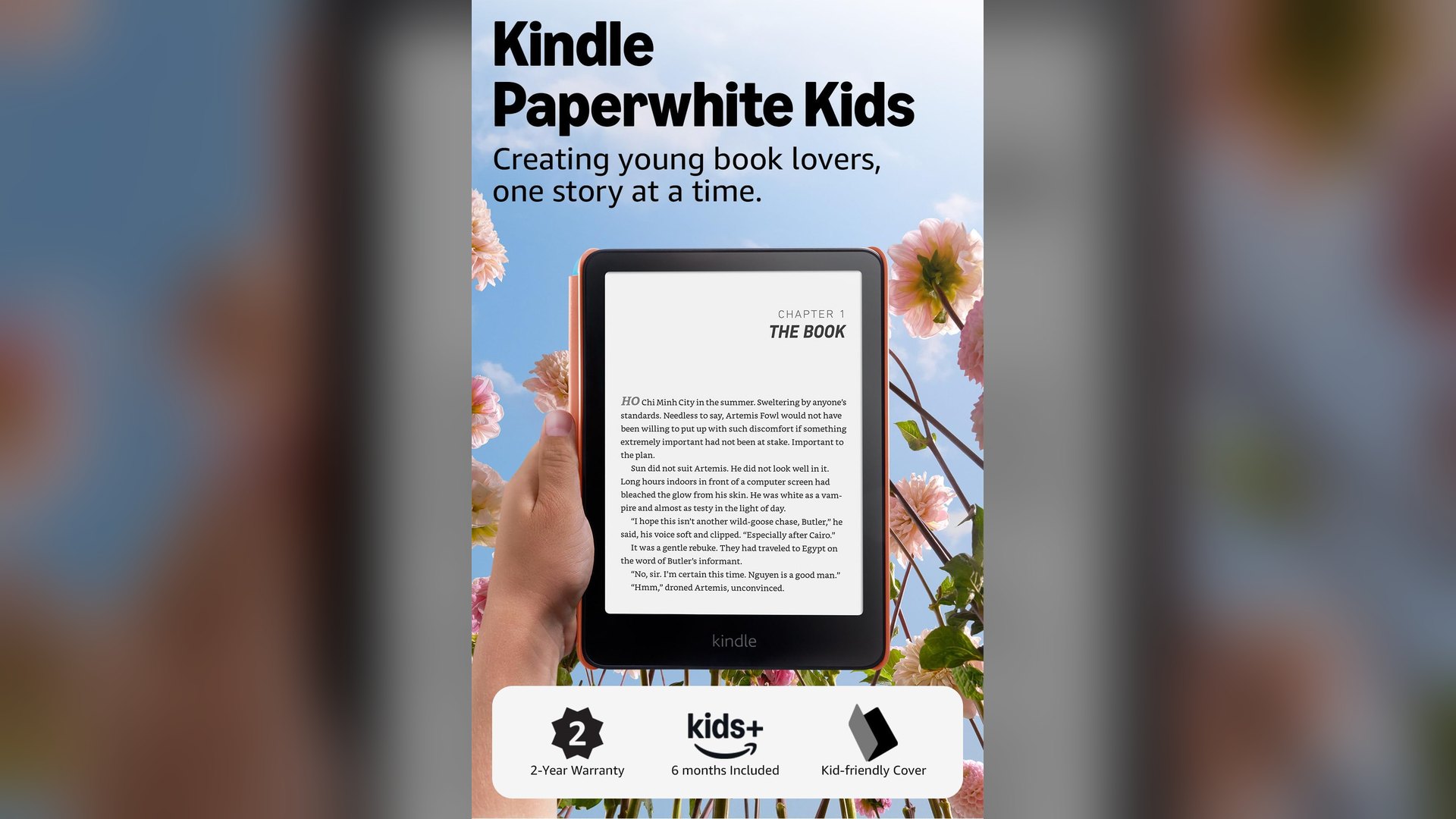 Kindle Paperwhite Kids held open outdoors with a badge strip listing the bundle contents
