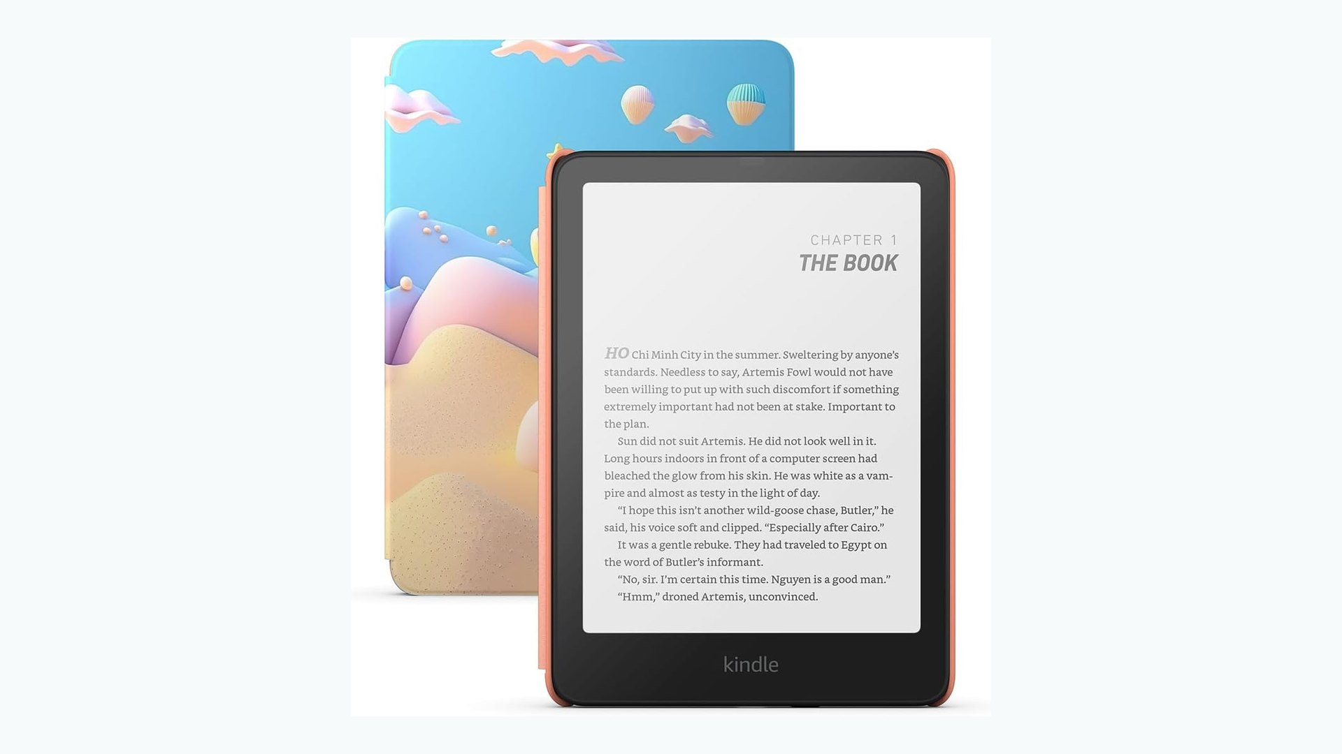 Kindle Paperwhite Kids e-reader in front of its Starfish cover on a white background