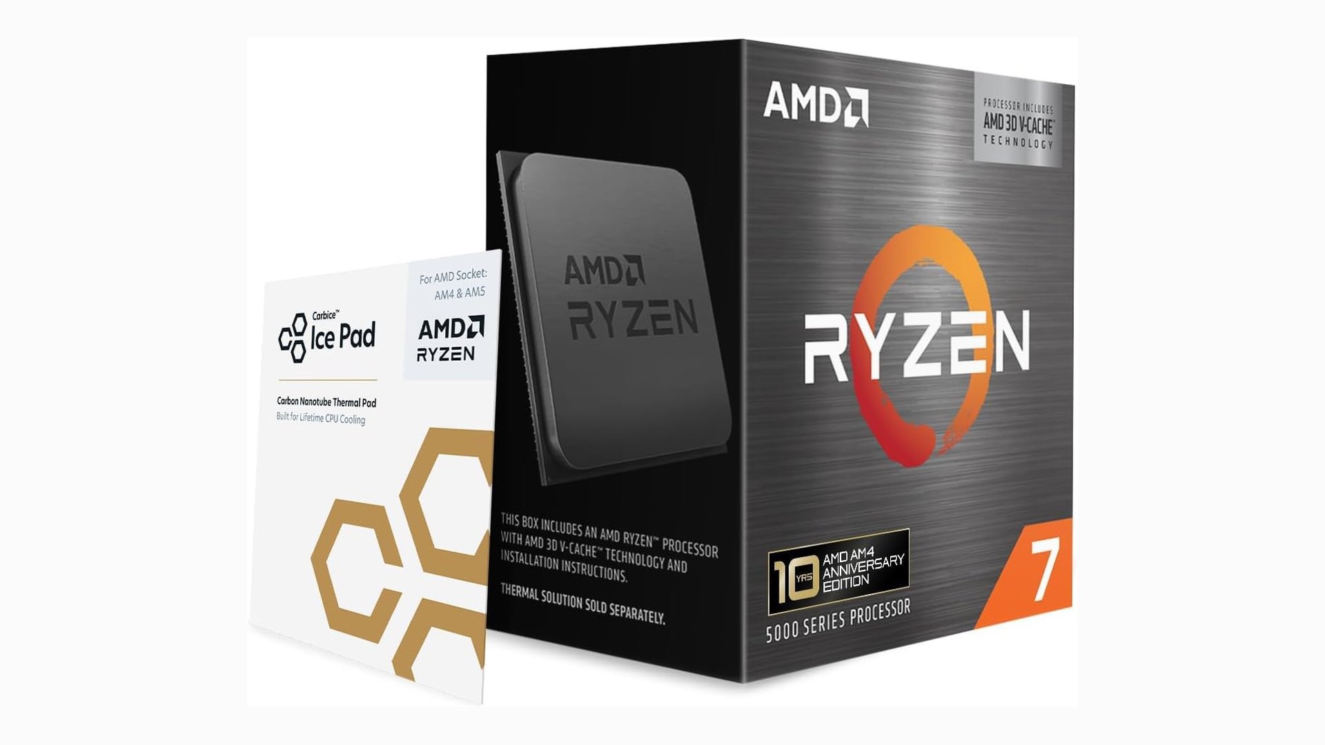 AMD Ryzen 7 5800X3D box with processor and thermal pad sleeve
