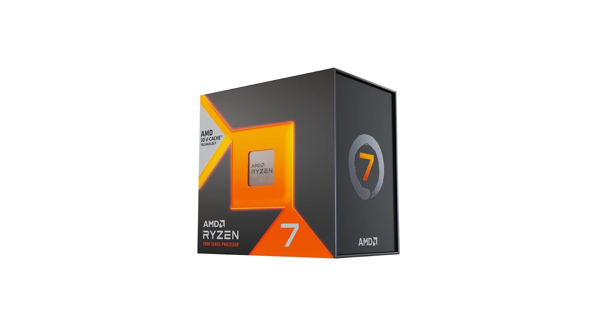 Ryzen 7 7800X3D box in three-quarter view on white