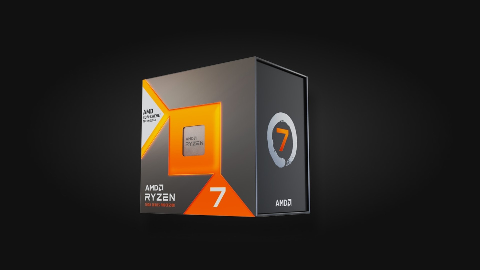 AMD Ryzen 7 7800X3D retail box in three-quarter view on a black background