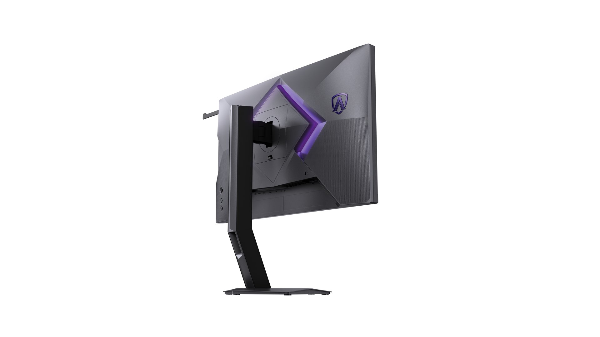Rear view of the AOC AGON PRO AGP257FT showing purple chevron lighting