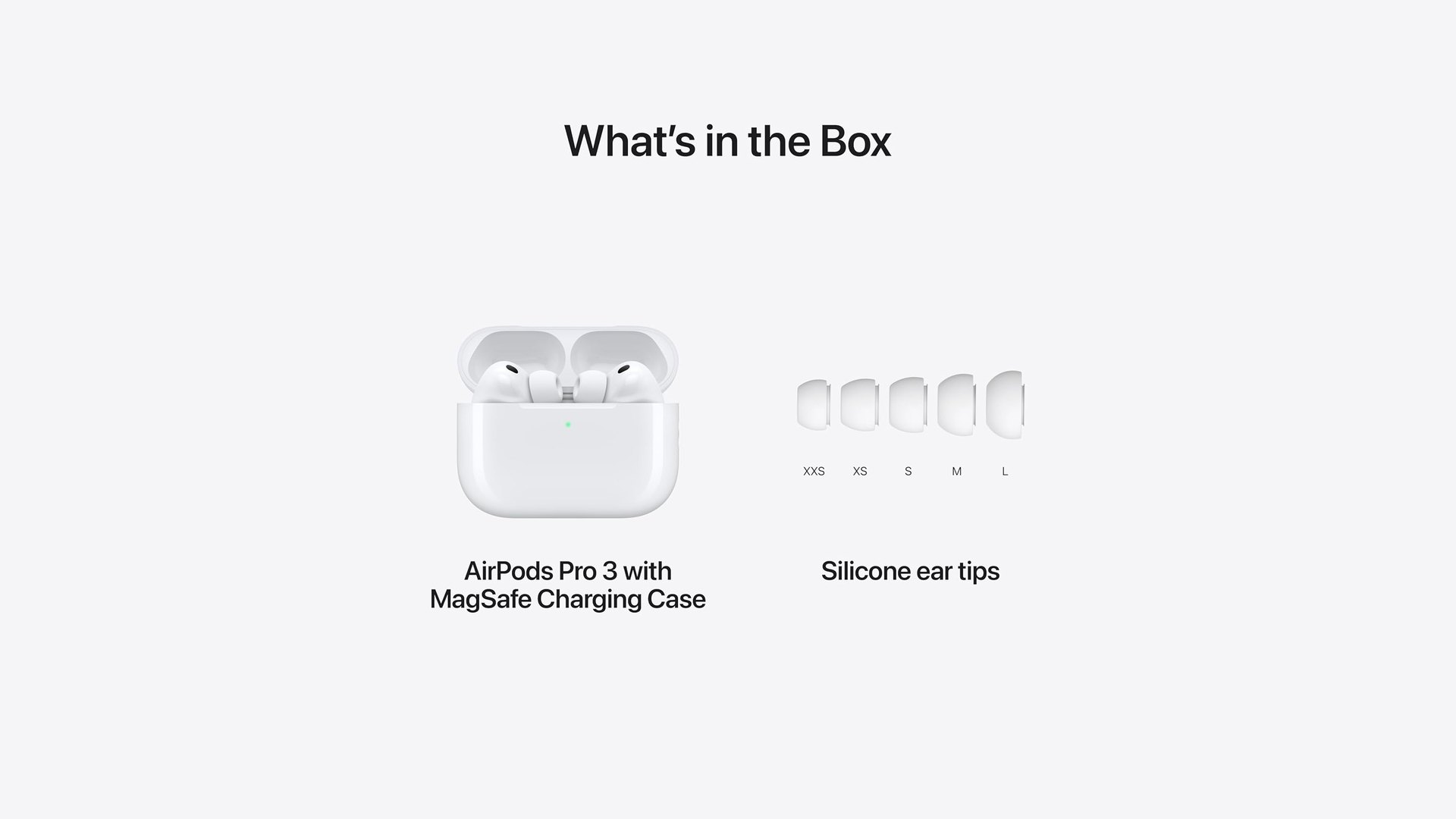 Apple graphic showing the AirPods Pro 3 charging case and five sizes of silicone ear tips