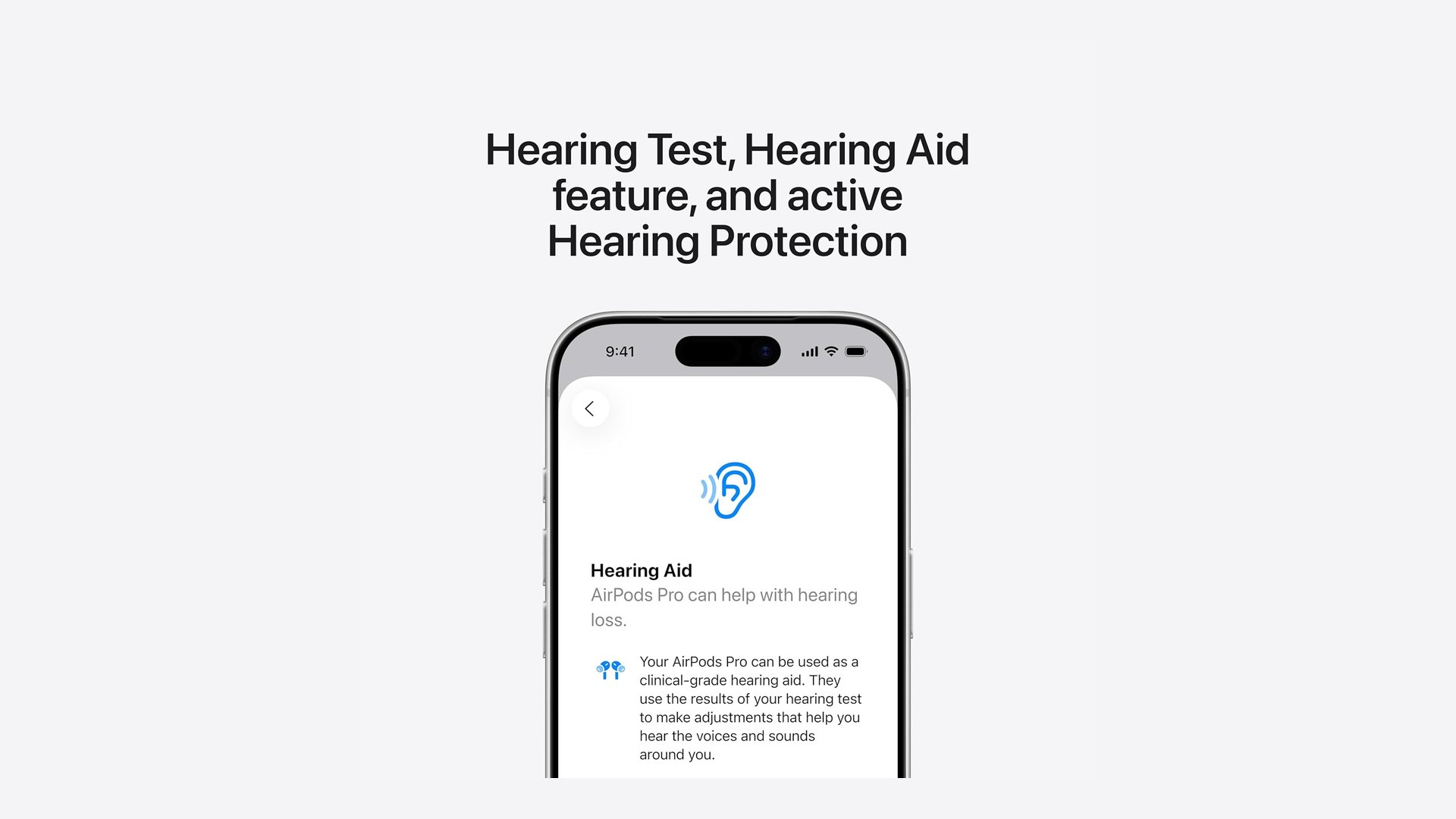 Apple graphic for the AirPods Pro 3 hearing test, hearing aid and hearing protection features
