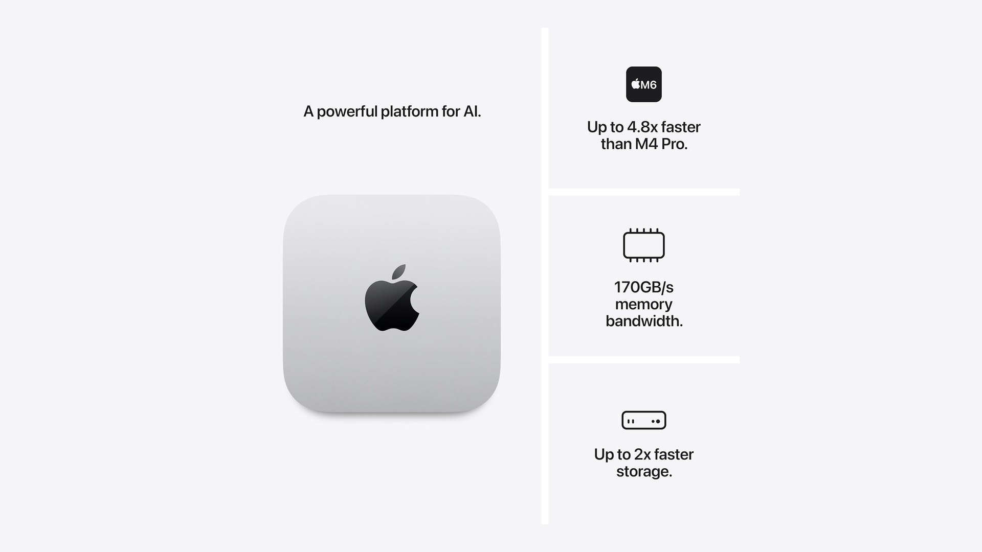Apple marketing graphic listing 4.8x faster AI performance, 170GB/s memory bandwidth and faster storage