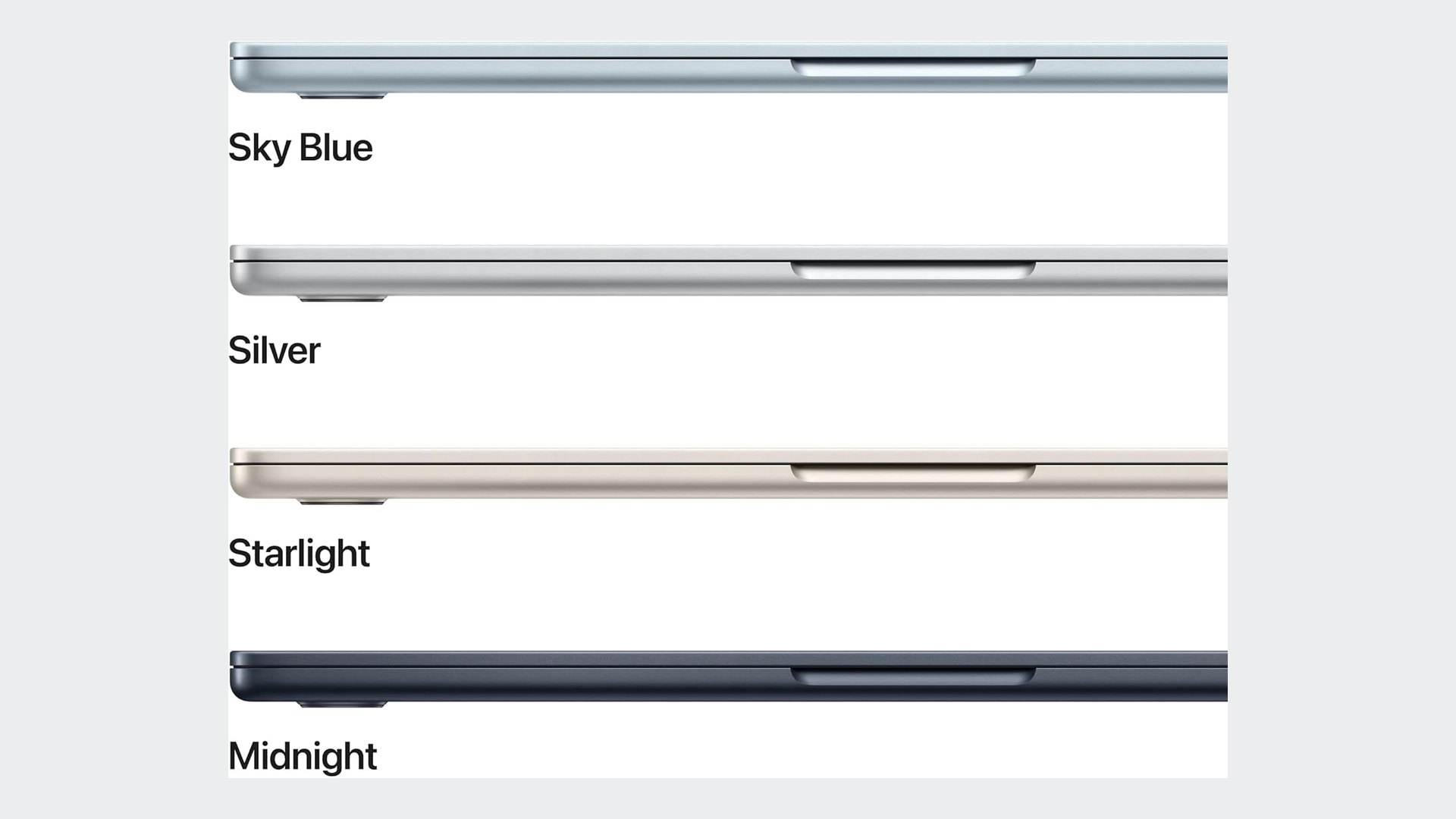 Four closed MacBook Air laptops labelled Sky Blue, Silver, Starlight and Midnight