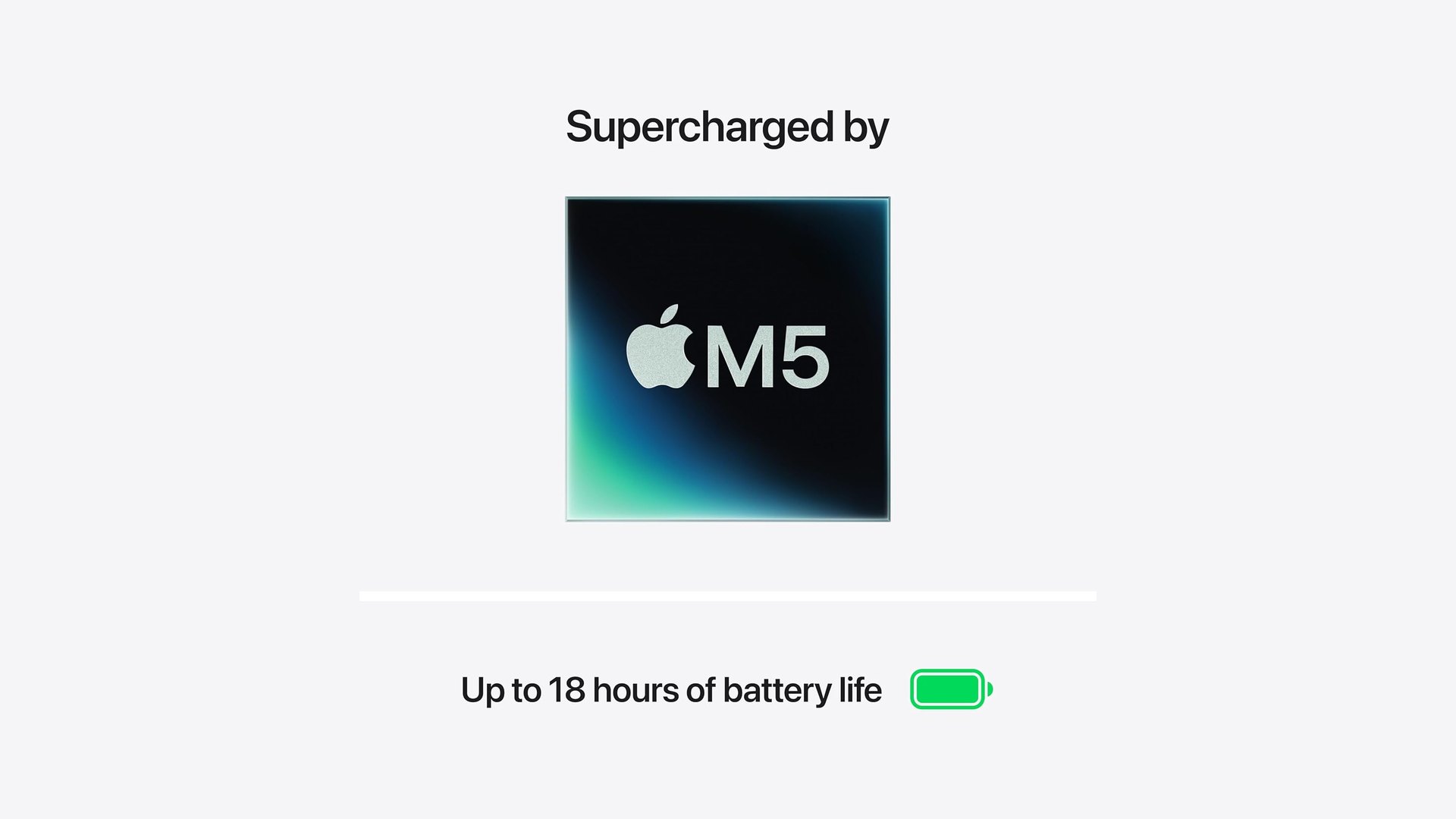 Apple M5 chip graphic above a battery icon and an up to 18 hours of battery life label