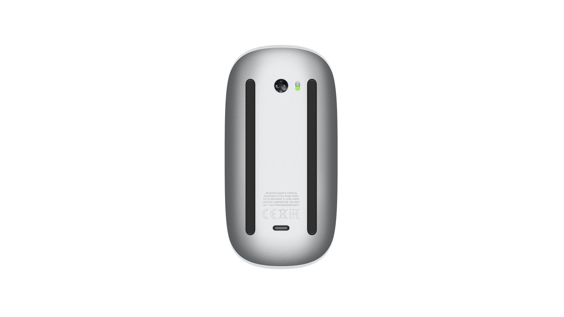 Underside of the Apple Magic Mouse showing the USB-C charging port