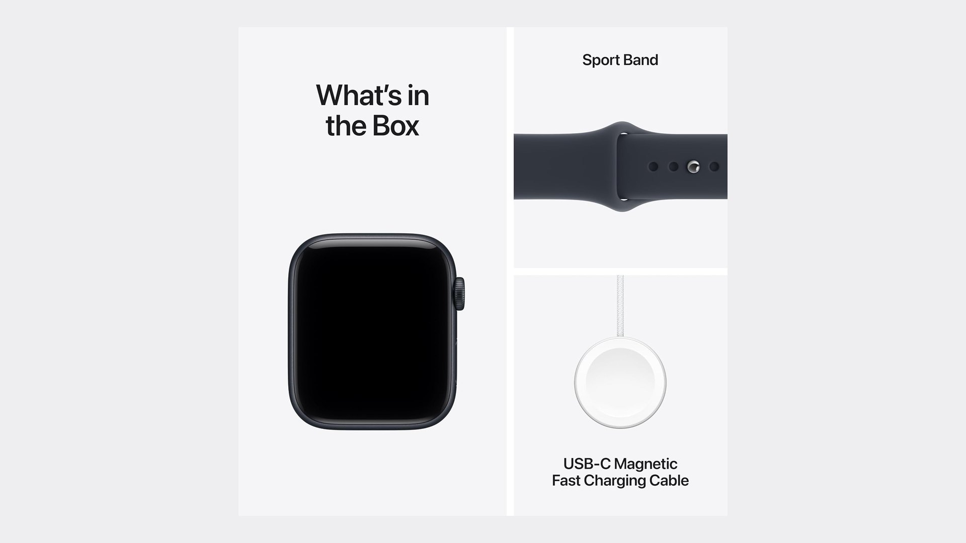 Apple Watch SE 3 box contents laid out on a white background