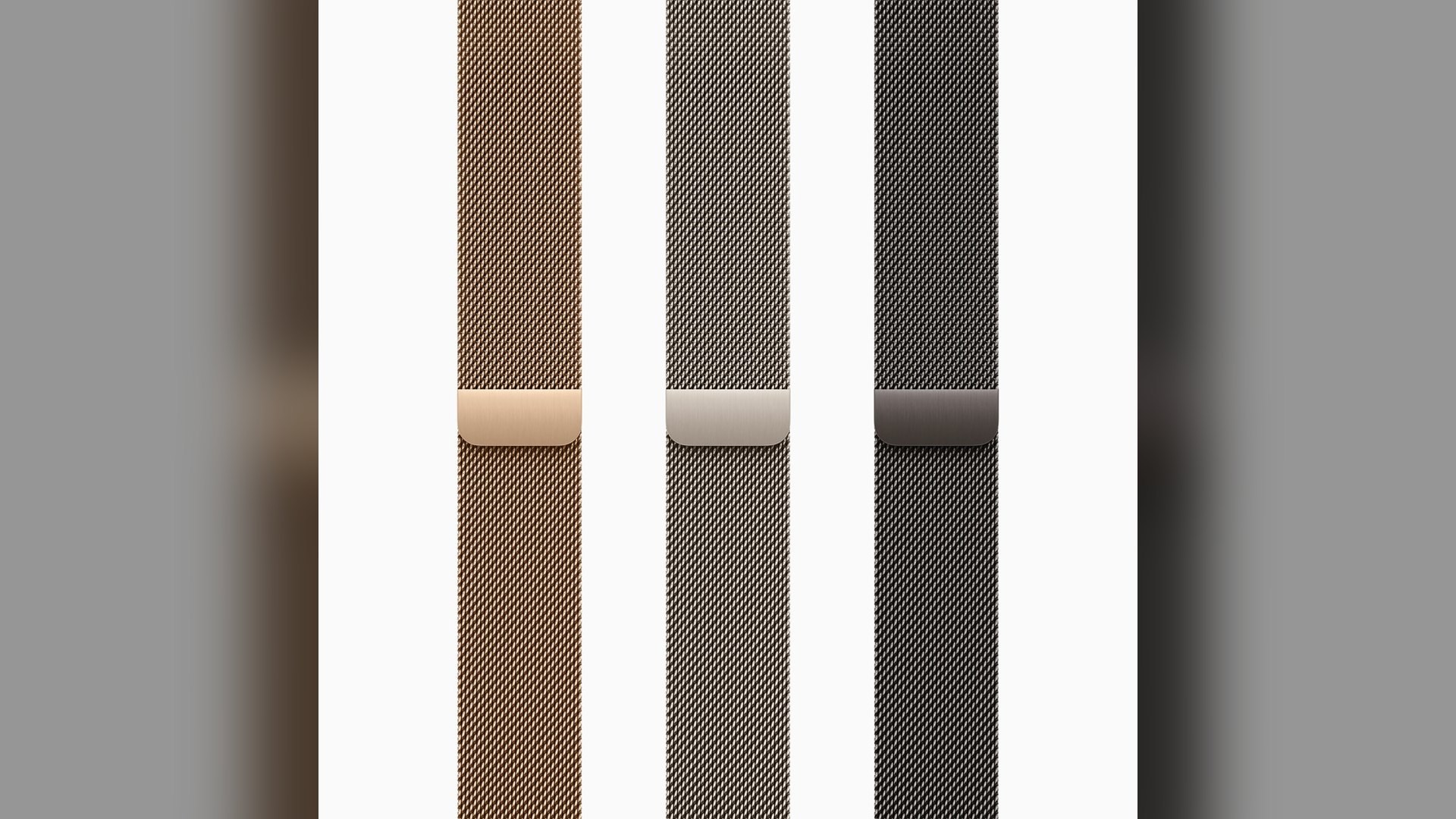 Three Apple Watch Milanese Loop bands in gold, natural and slate finishes