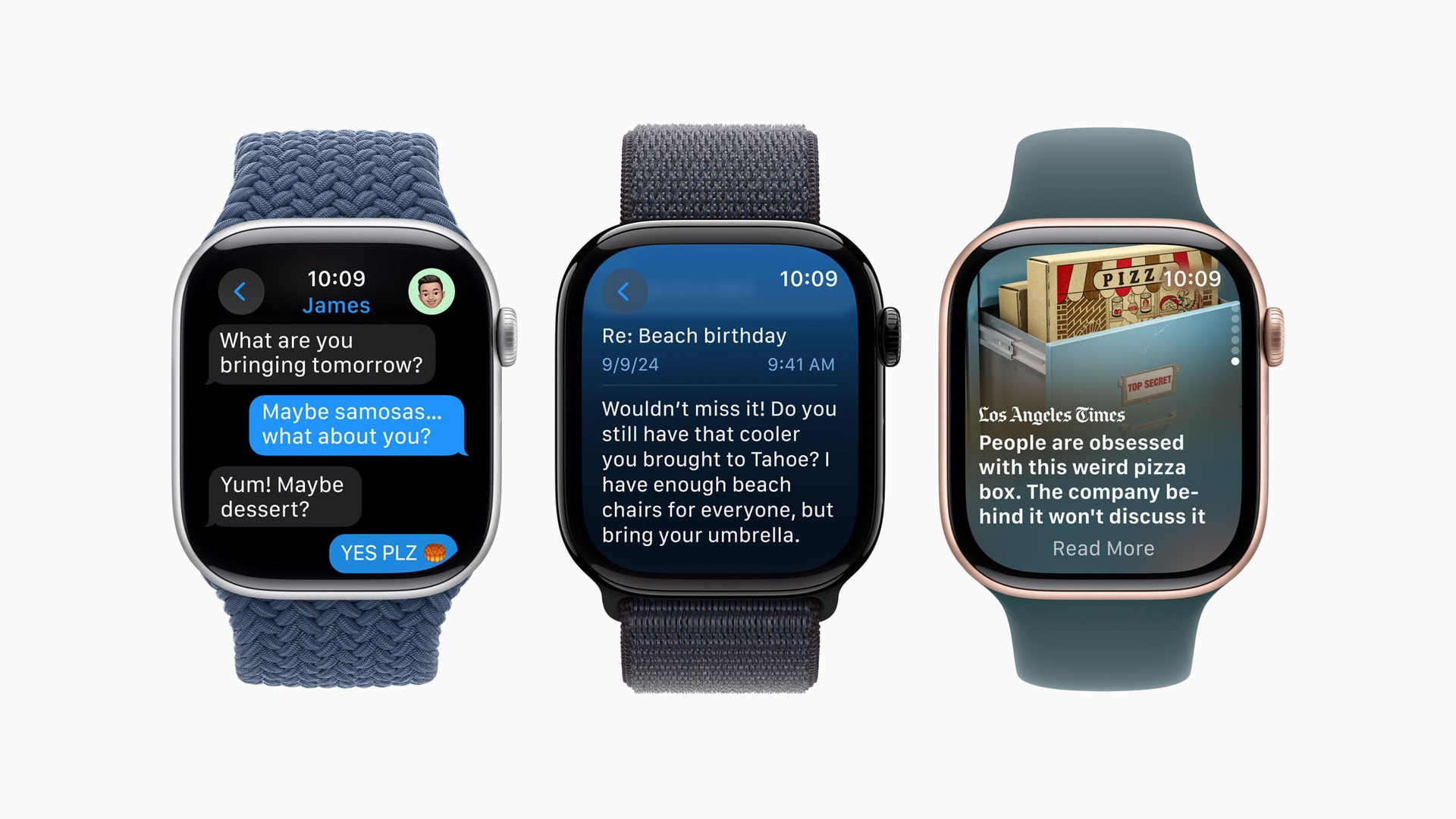 Three Apple Watch Series 10 units showing messages on their displays