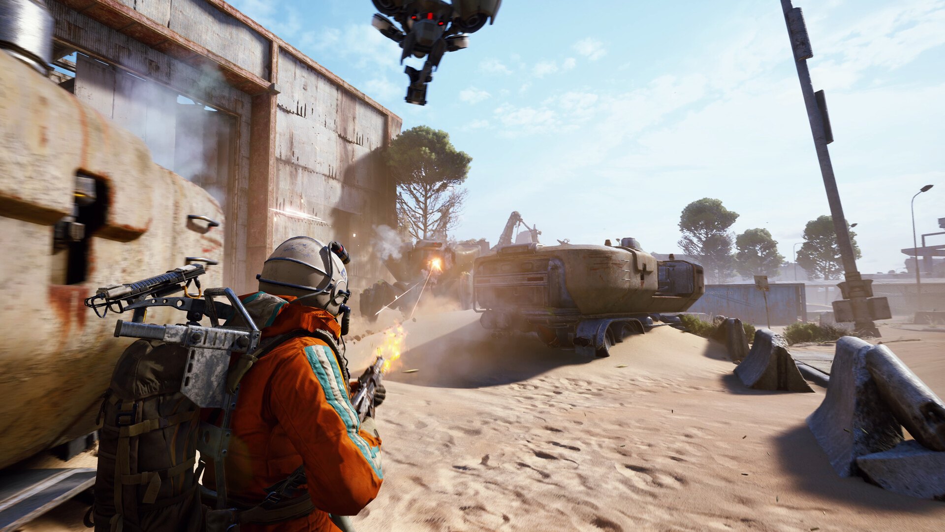 A Raider in an orange jacket fires at a tracked ARC machine across a sandy street