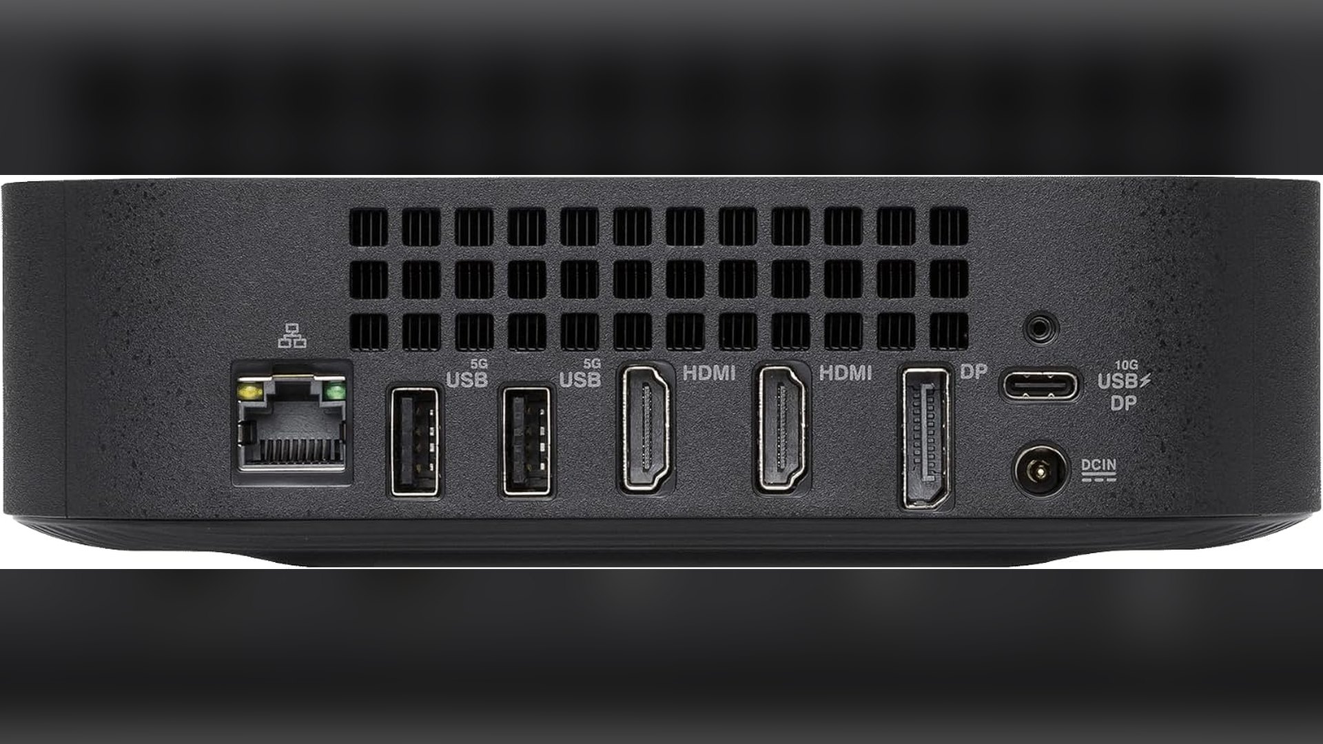 Labeled rear panel of the ASUS Chromebox 5a showing LAN, USB, dual HDMI, DisplayPort, USB-C and DC-in