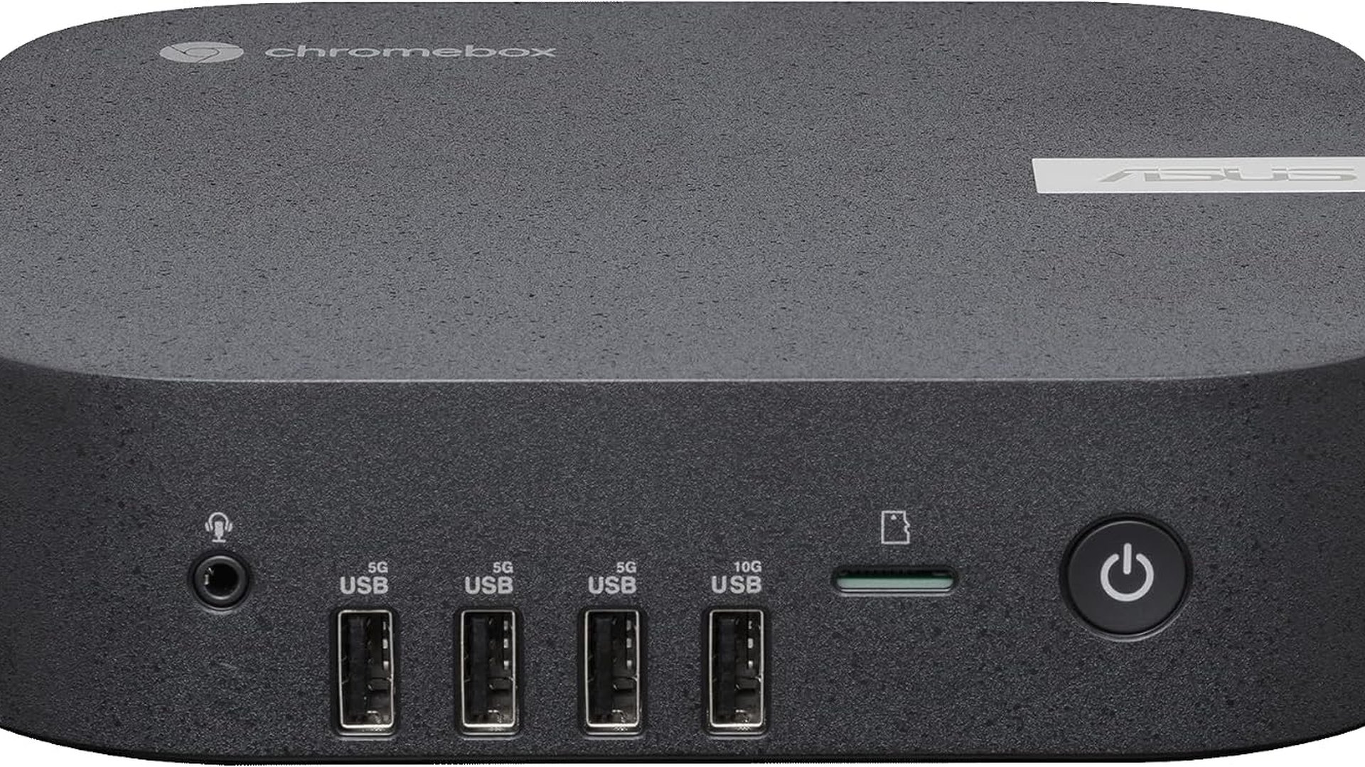 Front panel of the ASUS Chromebox 5a with four USB ports, audio jack, microSD slot and power button