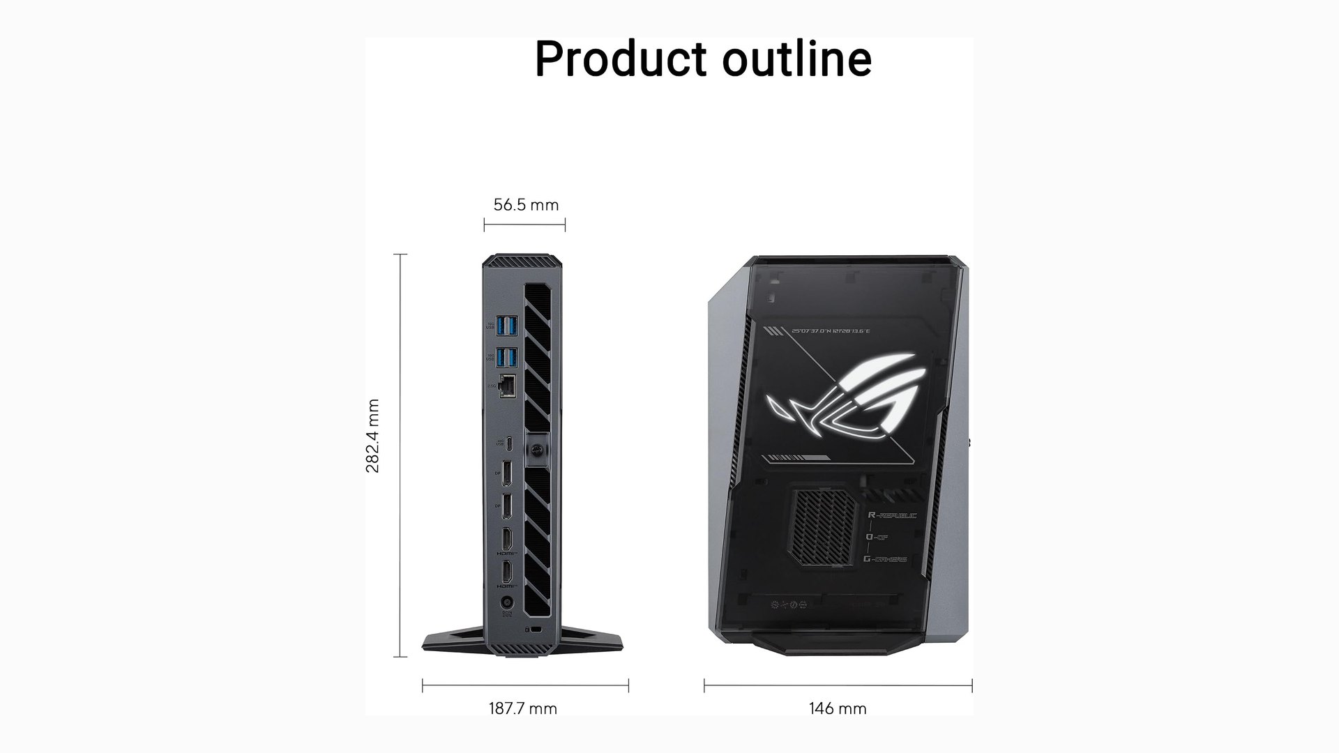 Line drawing of the ASUS ROG GR70 with its height, depth and width marked